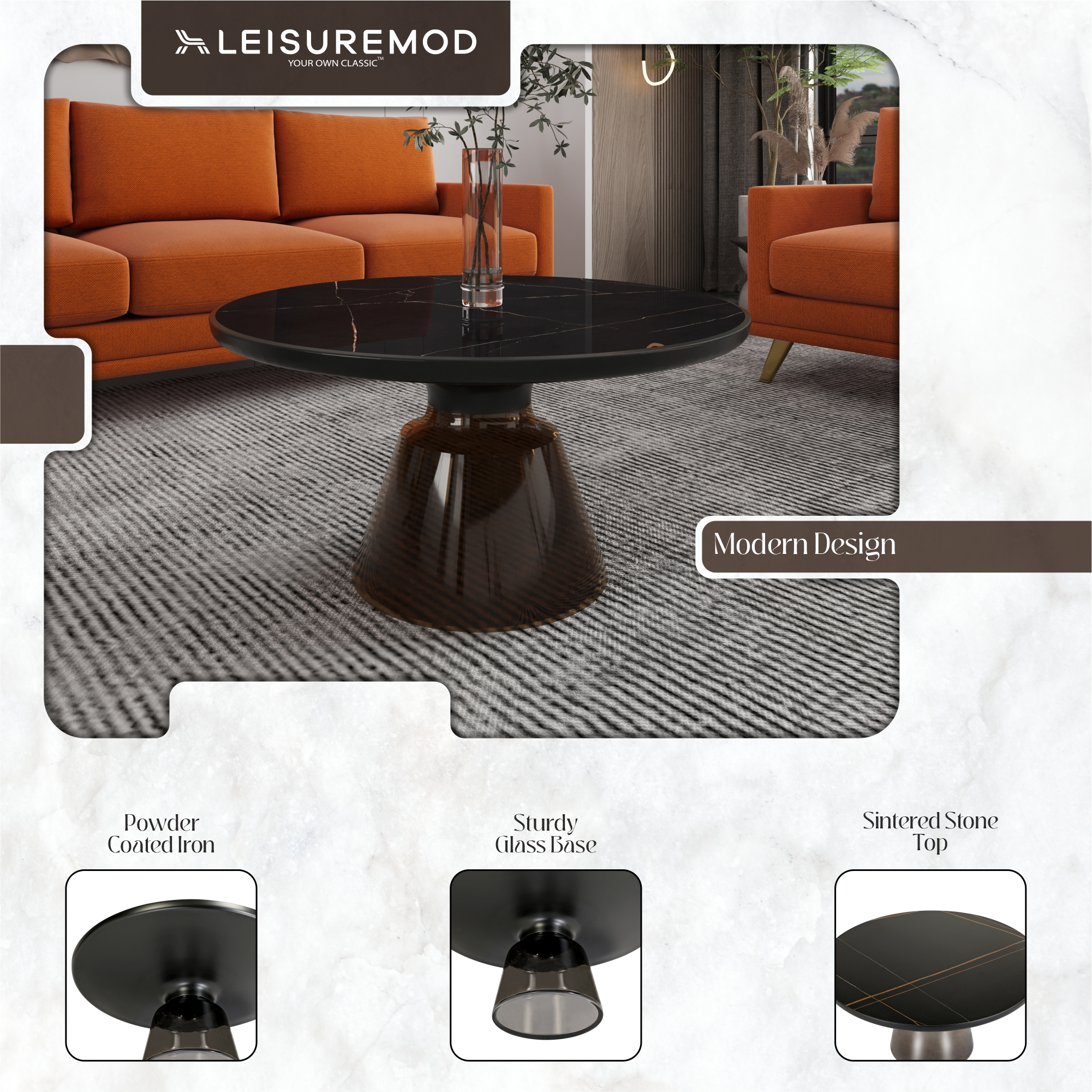 Tully Collection Glass Coffee Table Grey glass, Black Rim with Black Sintered Stone Top