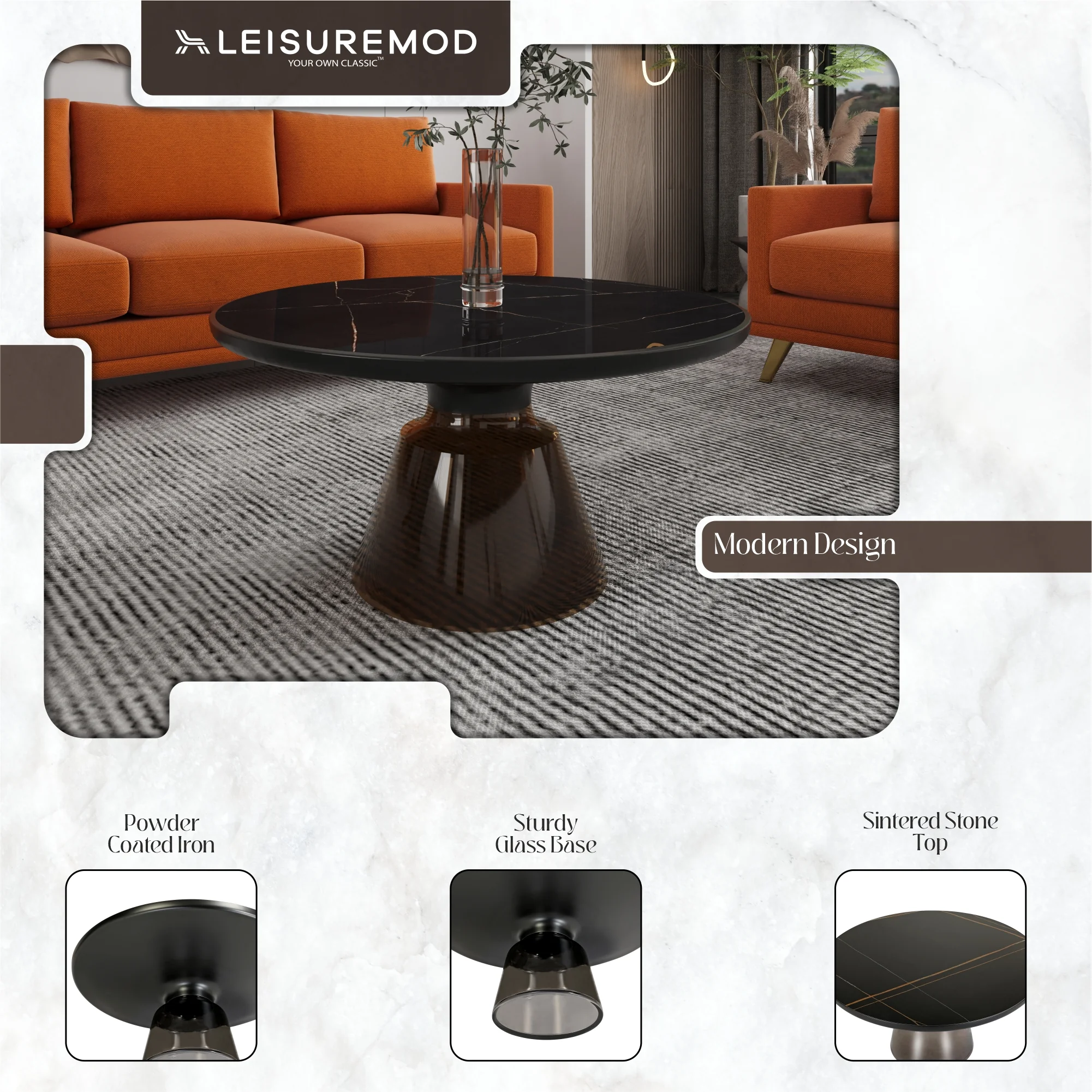 Tully Collection Glass Coffee Table Grey glass, Black Rim with Black Sintered Stone Top