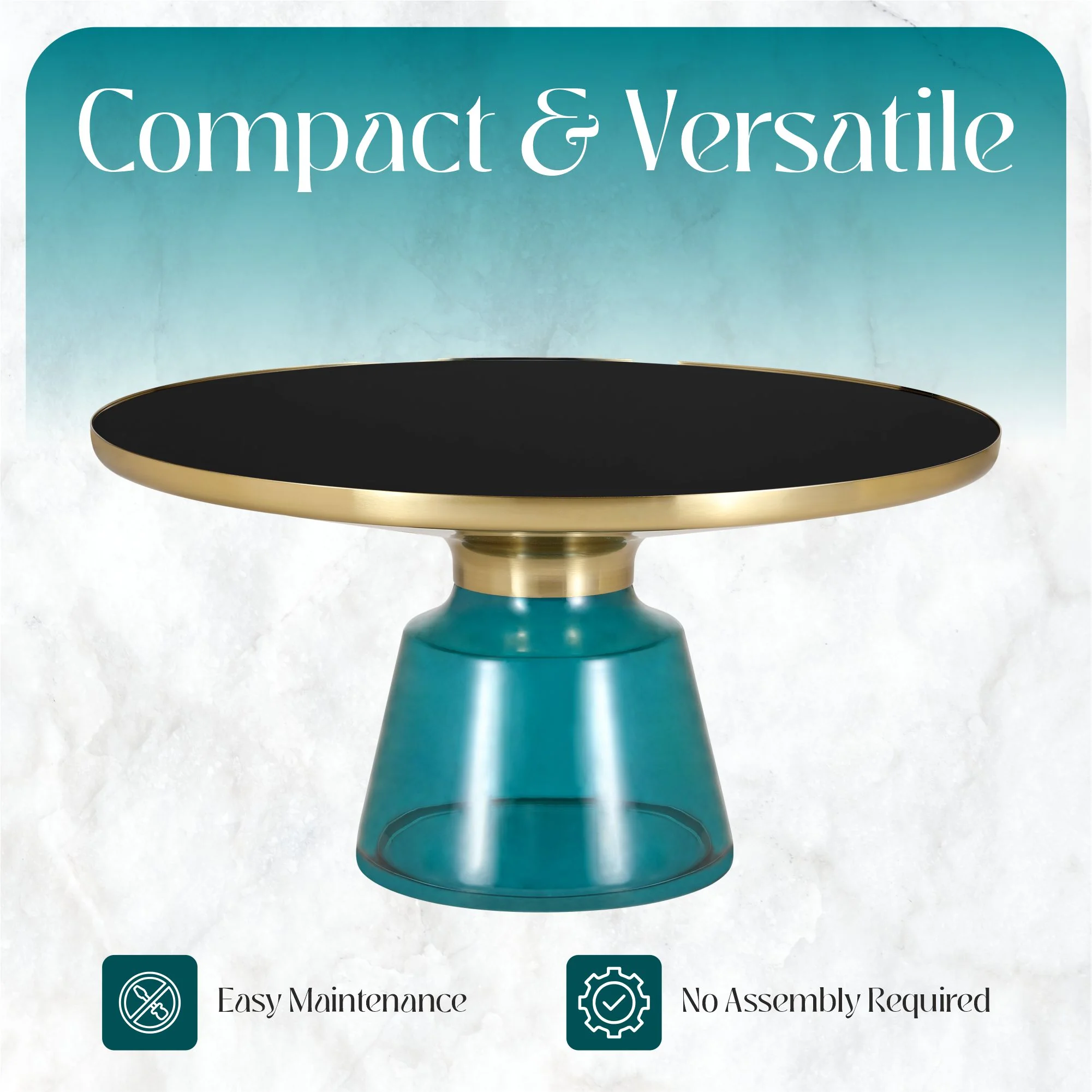 Tully Collection Glass Coffee Table Blue glass, Gold Rim with Black Glass top