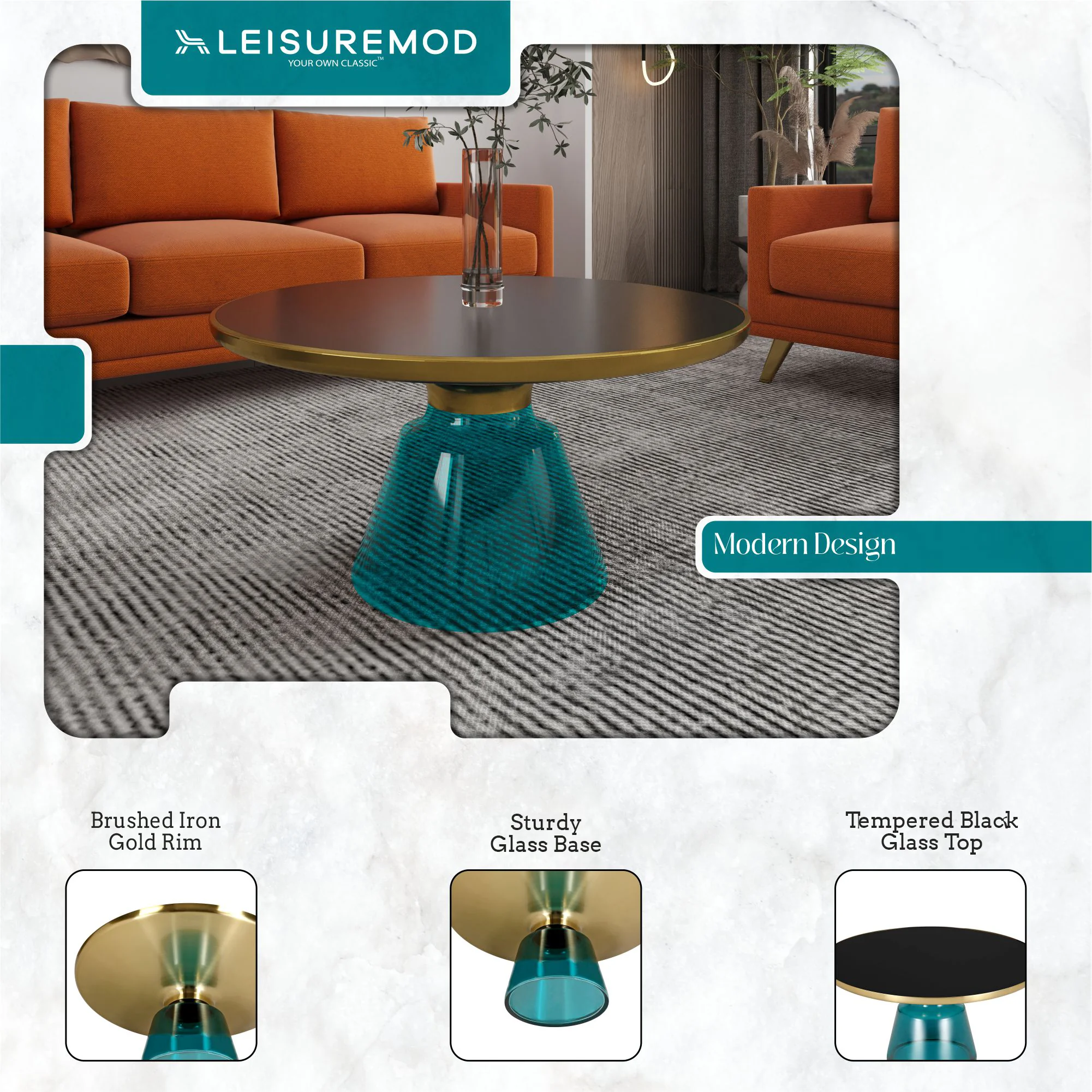 Tully Collection Glass Coffee Table Blue glass, Gold Rim with Black Glass top