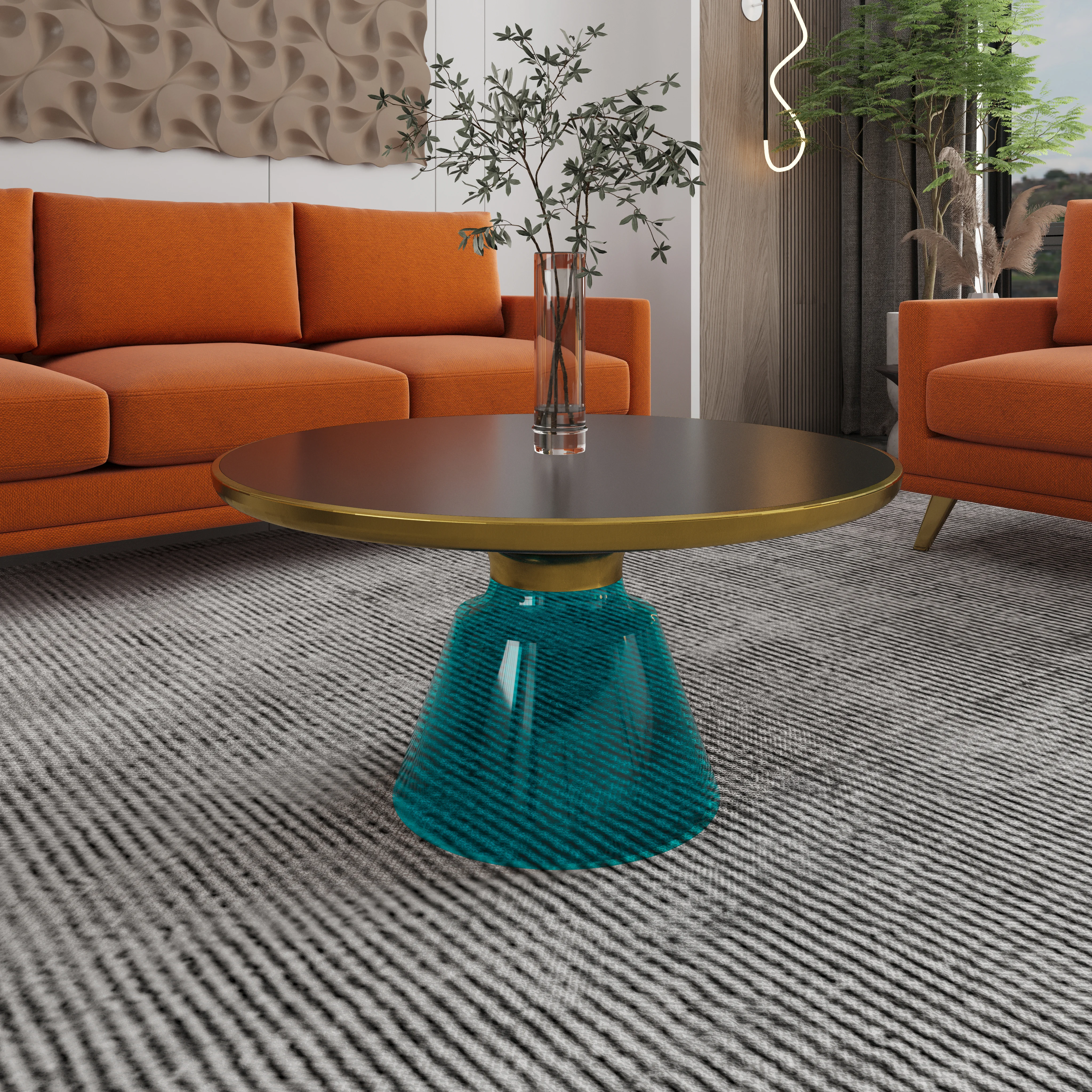 Tully Collection Glass Coffee Table Blue glass, Gold Rim with Black Glass top