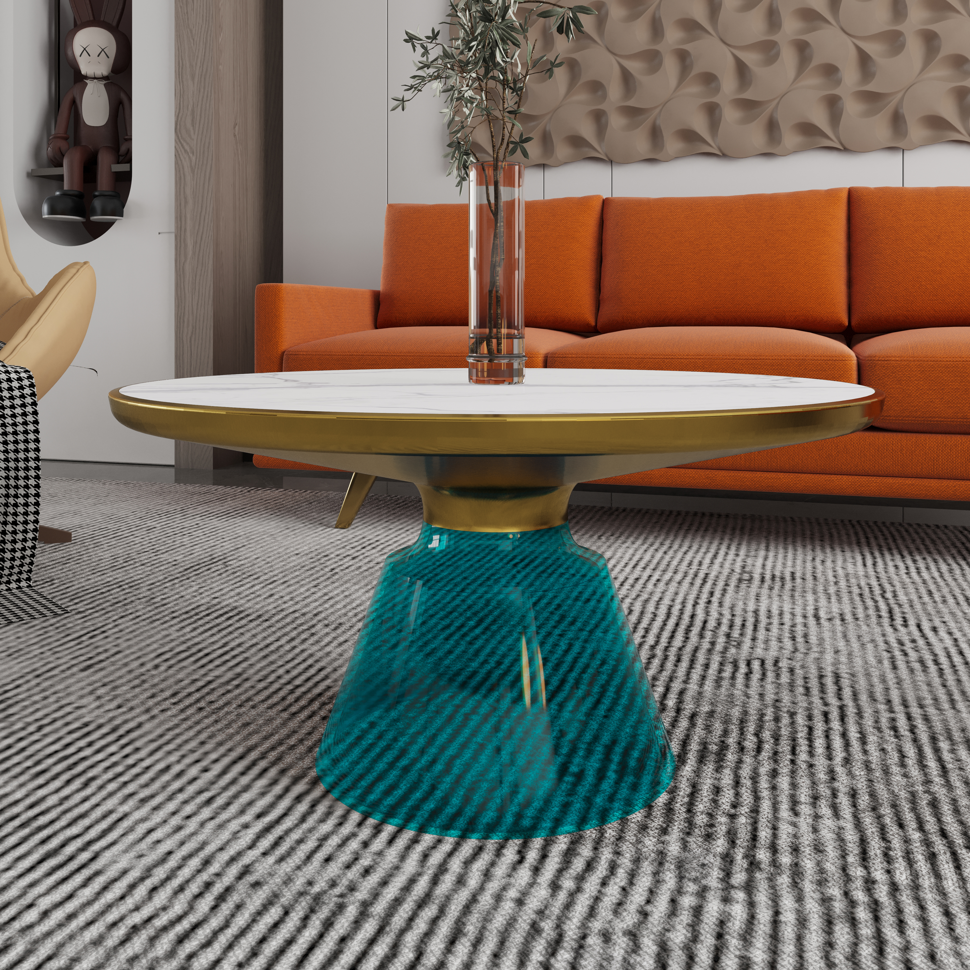 Tully Collection Glass Coffee Table Blue glass, Gold Rim with white sintered stone top