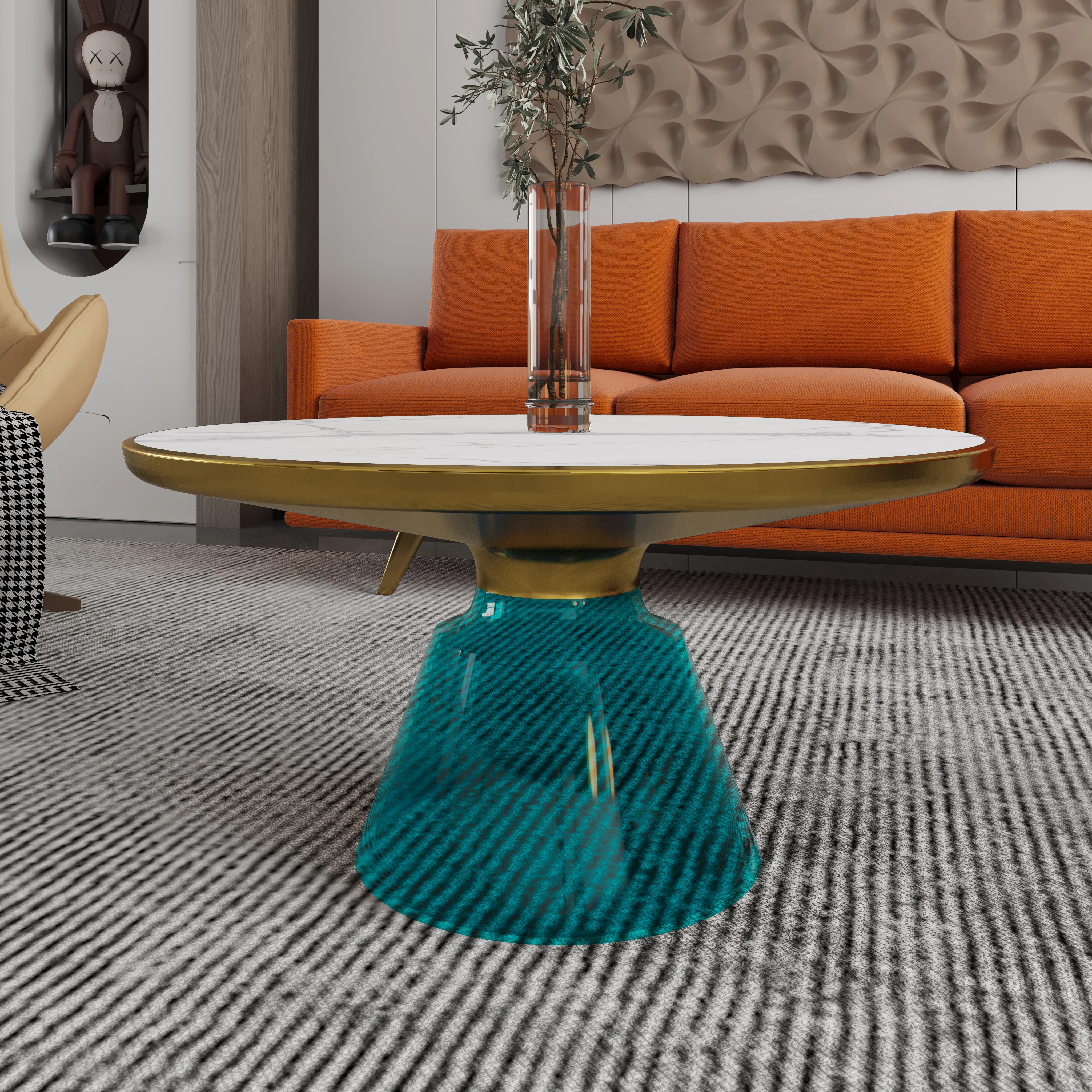 Tully Collection Glass Coffee Table Blue glass, Gold Rim with white sintered stone top