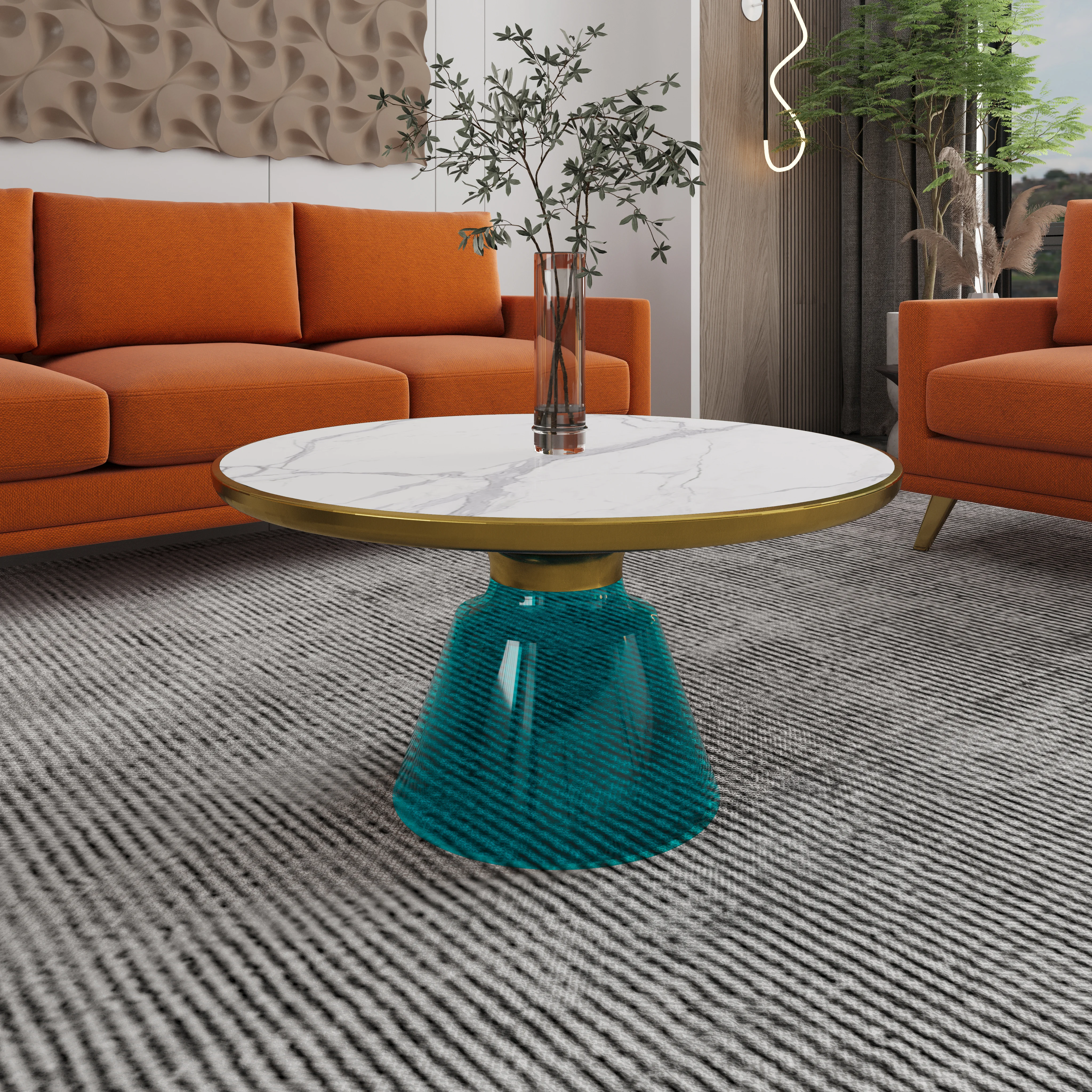 Tully Collection Glass Coffee Table Blue glass, Gold Rim with white sintered stone top