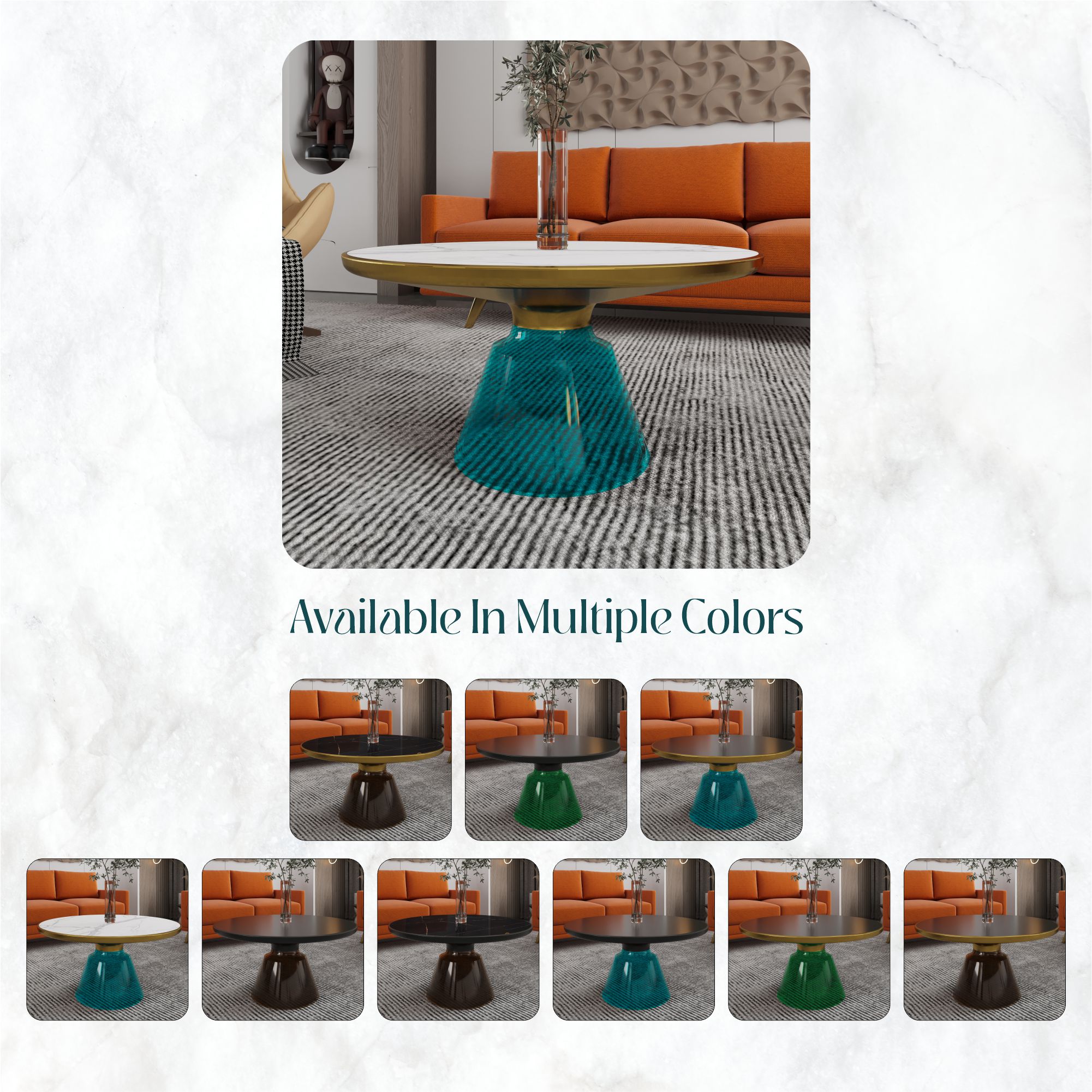 Tully Collection Glass Coffee Table Blue glass, Gold Rim with white sintered stone top