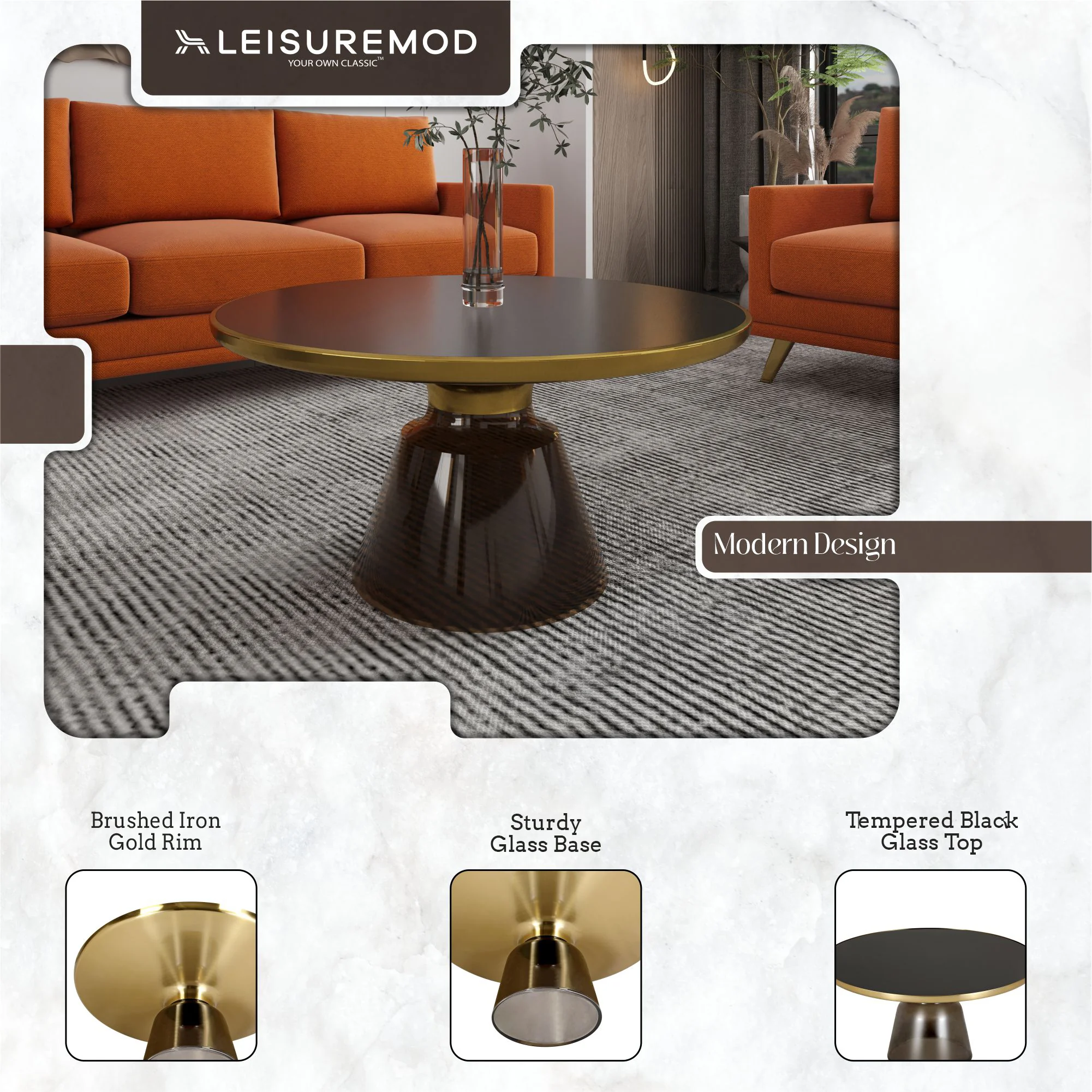 Tully Collection Glass Coffee Table Grey glass, Gold Rim with Black Glass top