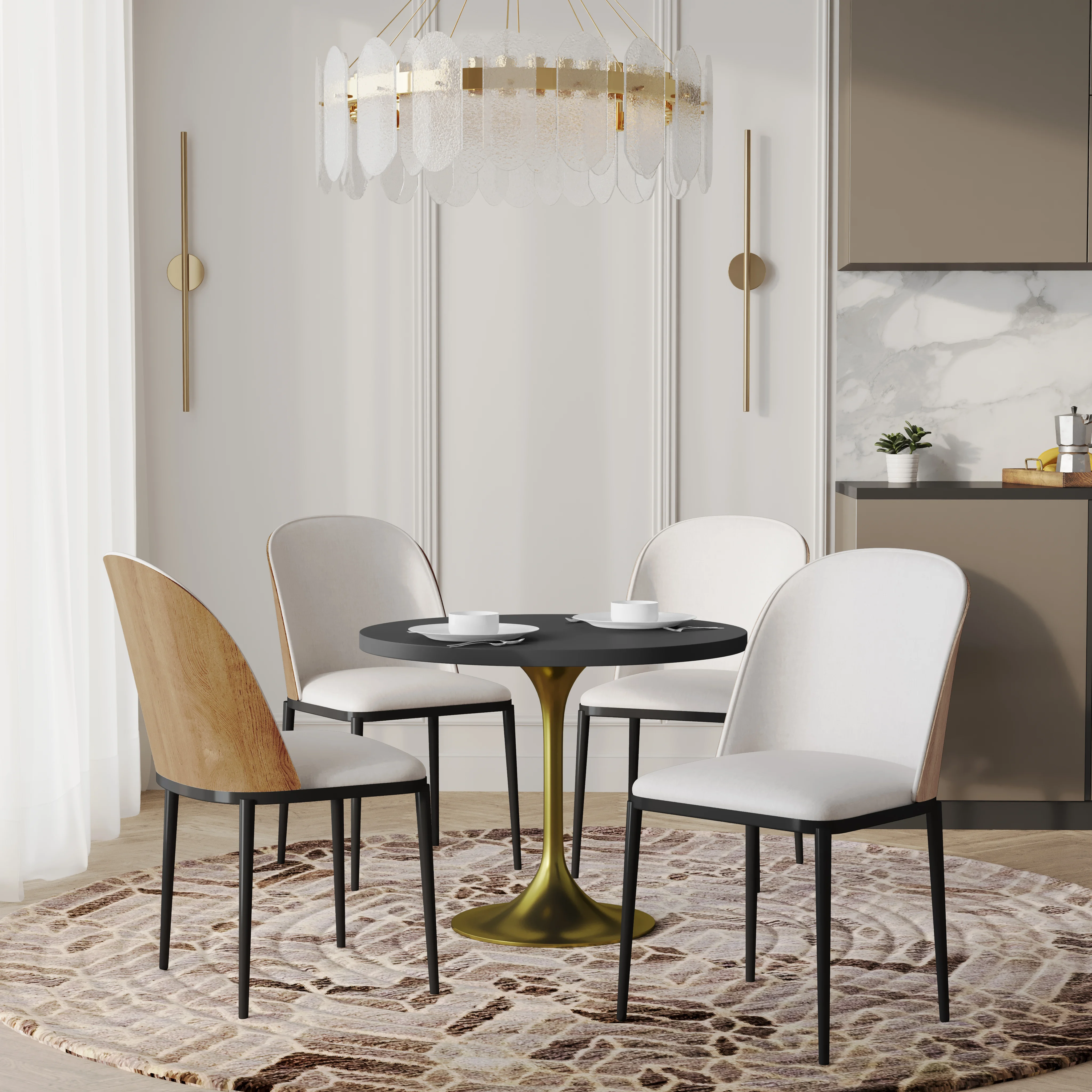 Verve 5-Piece Dining Set with 36" Round MDF Top Table and 4 Velvet Dining Side Chairs in Natural Wood/Beige