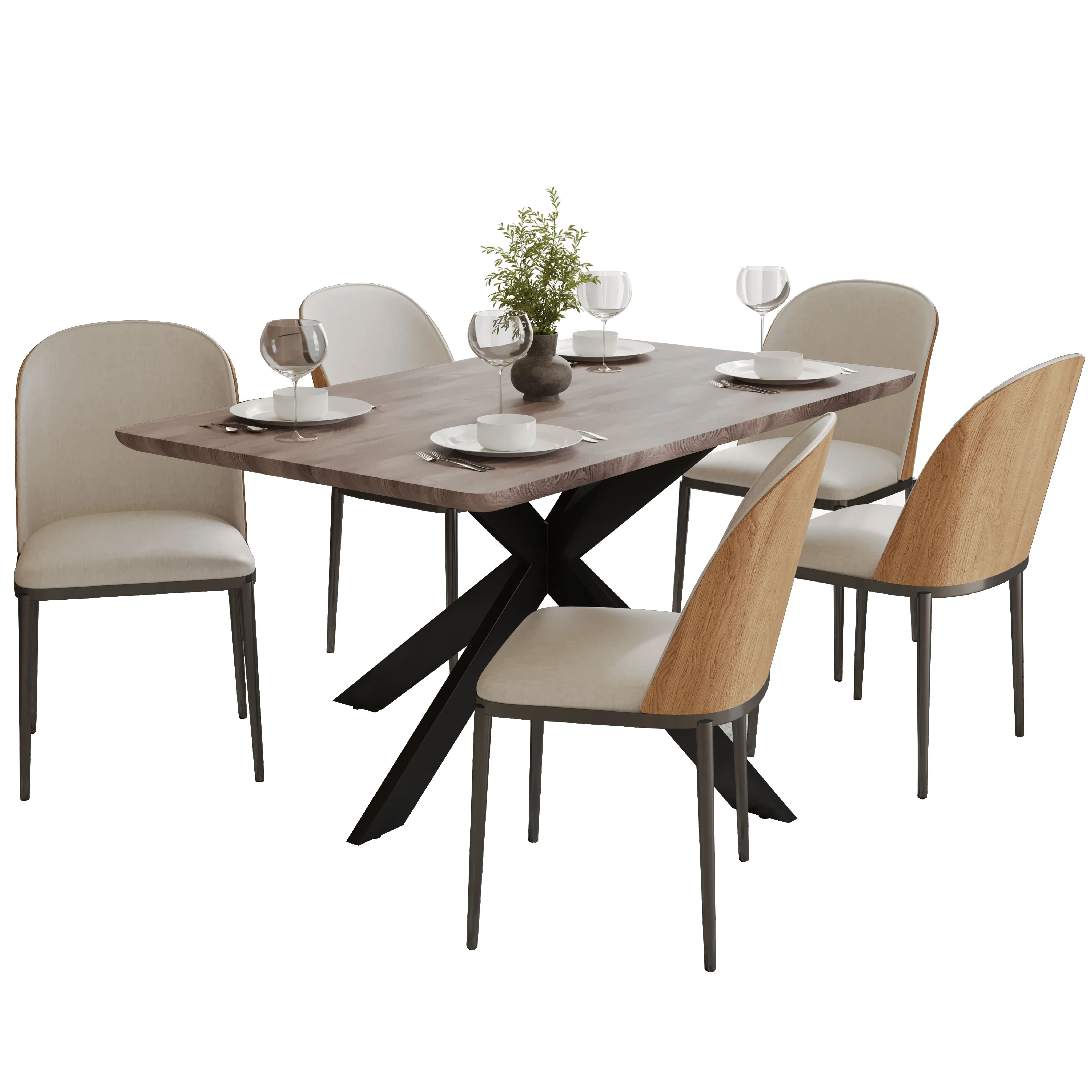 Ravenna 6-Piece Dining Set with 63" Rectangular Dining Table in Rustic Grey and 5 Velvet Dining Side Chair in Natural Wood/Beige