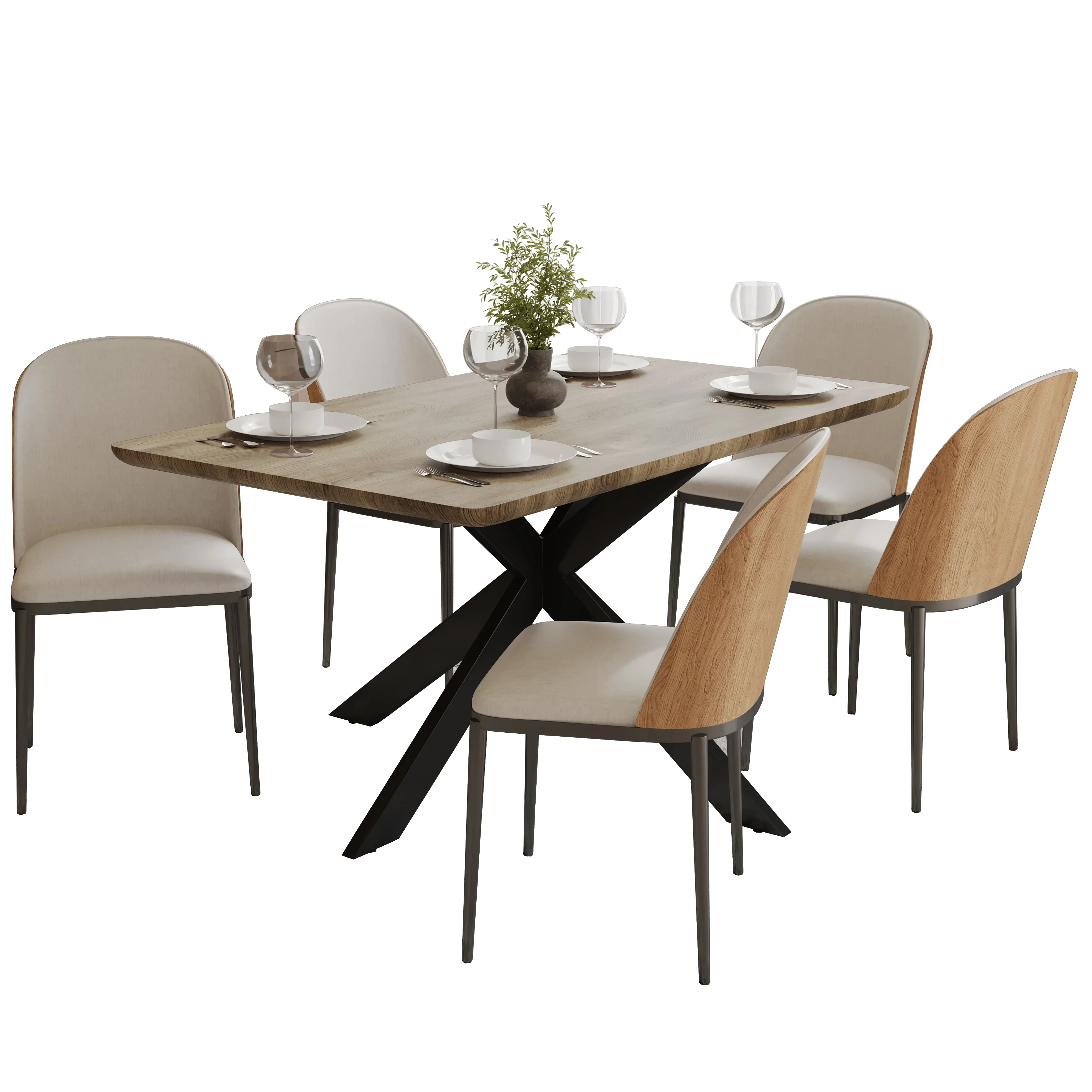 Ravenna 6-Piece Dining Set with 63" Rectangular Dining Table in Natural Wood MDF and 5 Velvet Dining Side Chair in Natural Wood/Beige