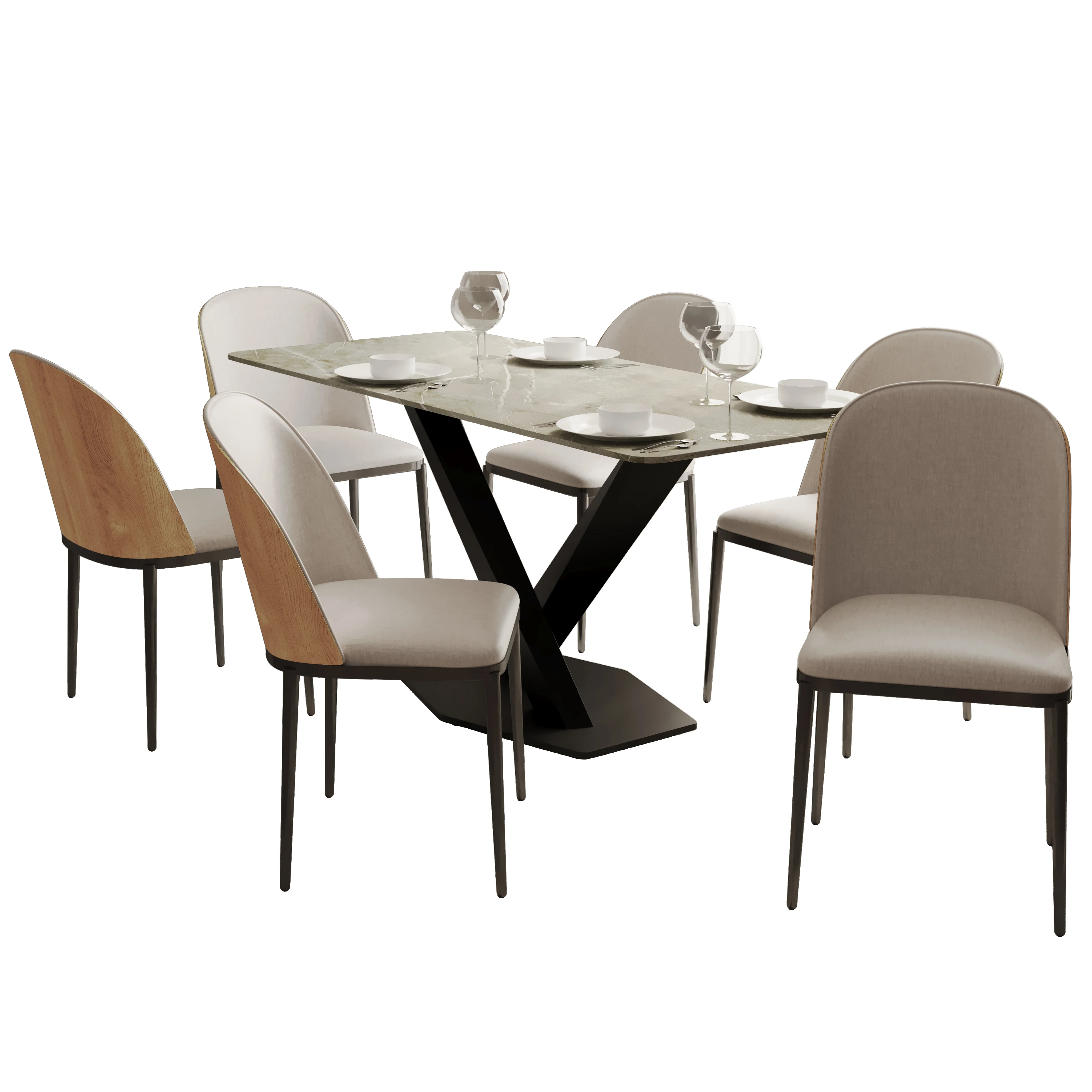 Voren 7-Piece Dining Set with 55" Rectangular Dining Table in Deep Grey Sintered Stone Top and 6 Velvet Dining Side Chair in Natural Wood/Beige