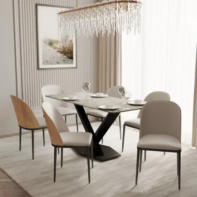 Voren 7-Piece Dining Set with 55" Rectangular Dining Table in Deep Grey Sintered Stone Top and 6 Velvet Dining Side Chair in Natural Wood/Beige