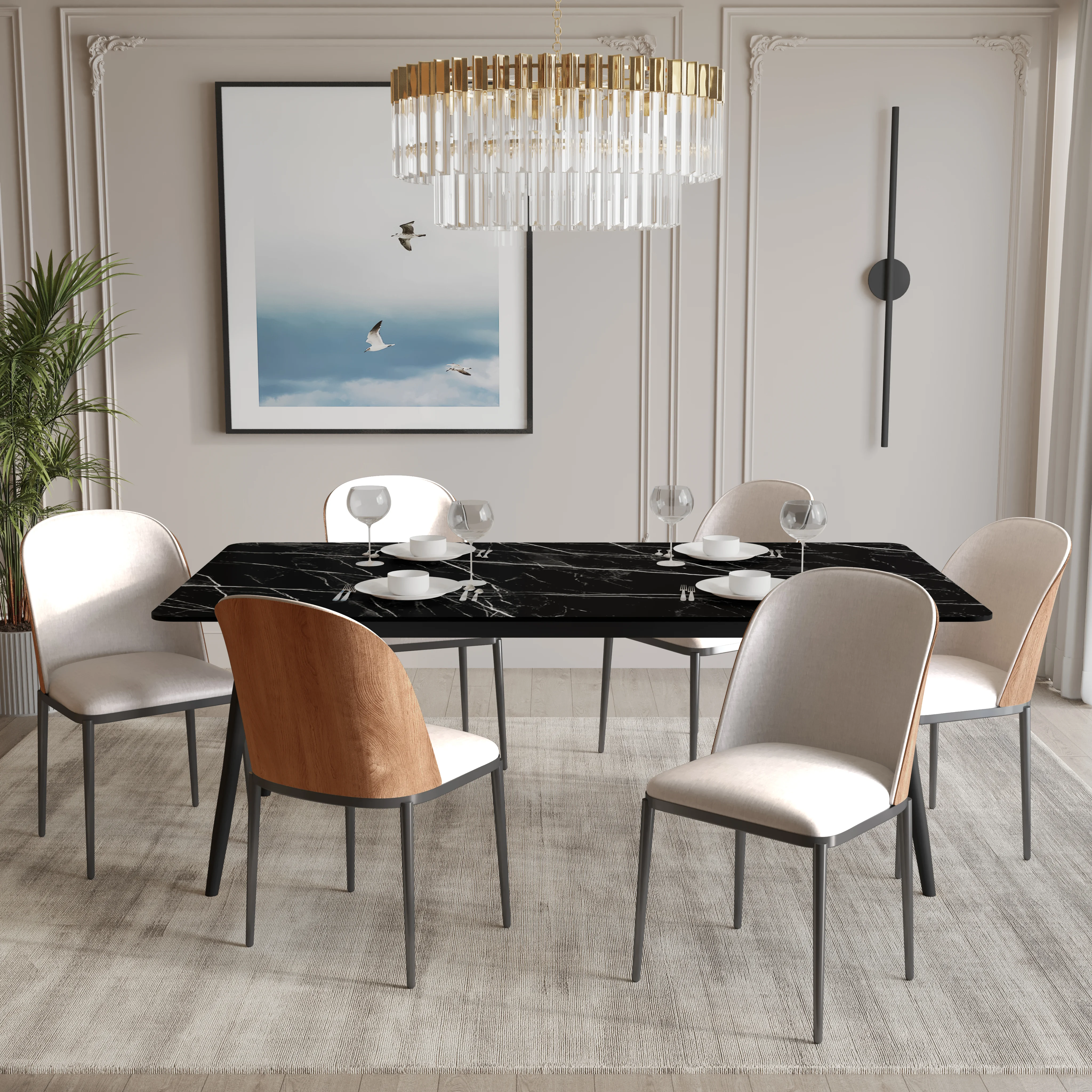 Zayle 7-Piece Dining Set with 55" Rectangular Dining Table in Black/Gold Sintered Stone Top and 6 Velvet Dining Side Chair in Natural Wood/Beige