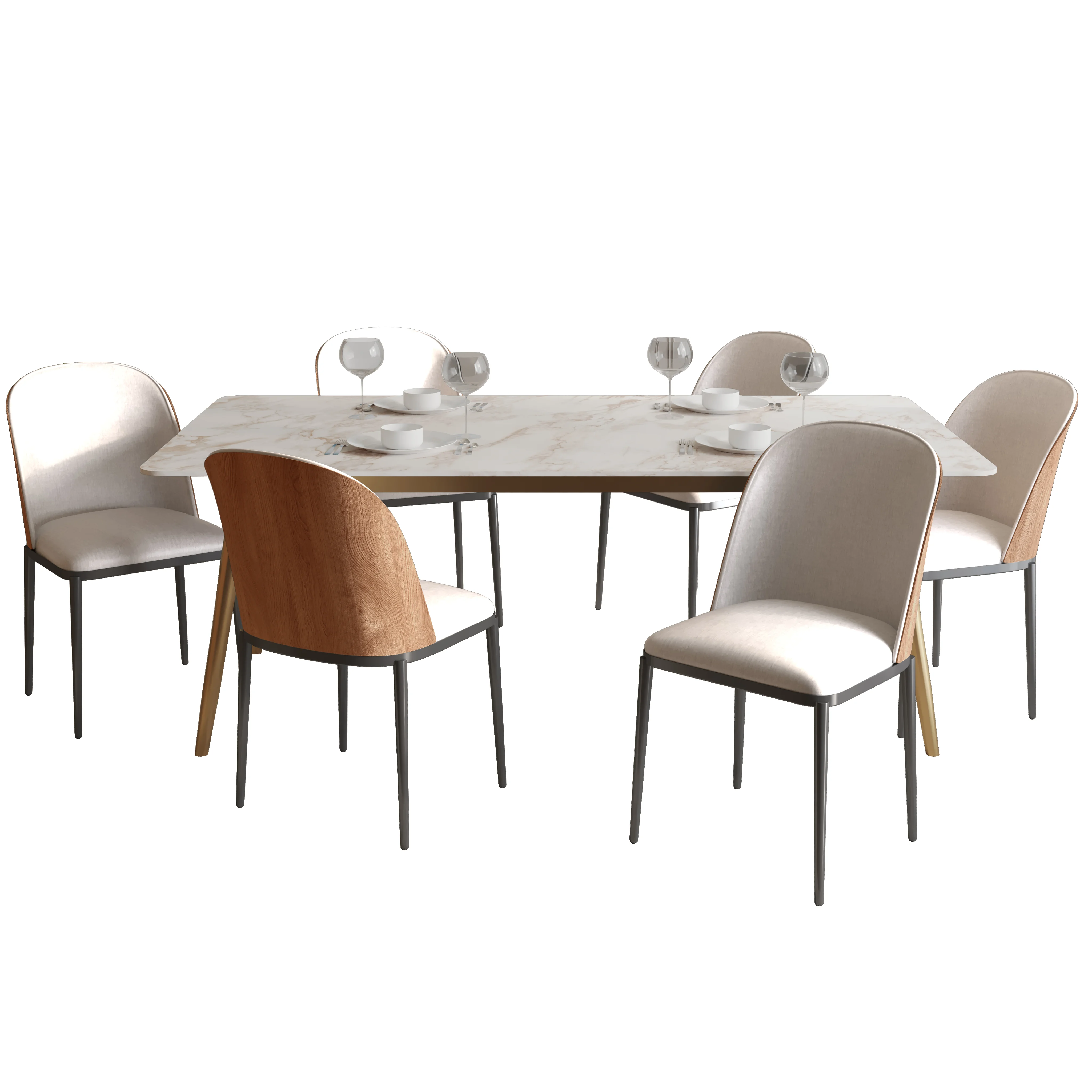 Zayle 7-Piece Dining Set with 55" Rectangular Dining Table in White Grey Sintered Stone Top and 6 Velvet Dining Side Chair in Natural Wood/Beige