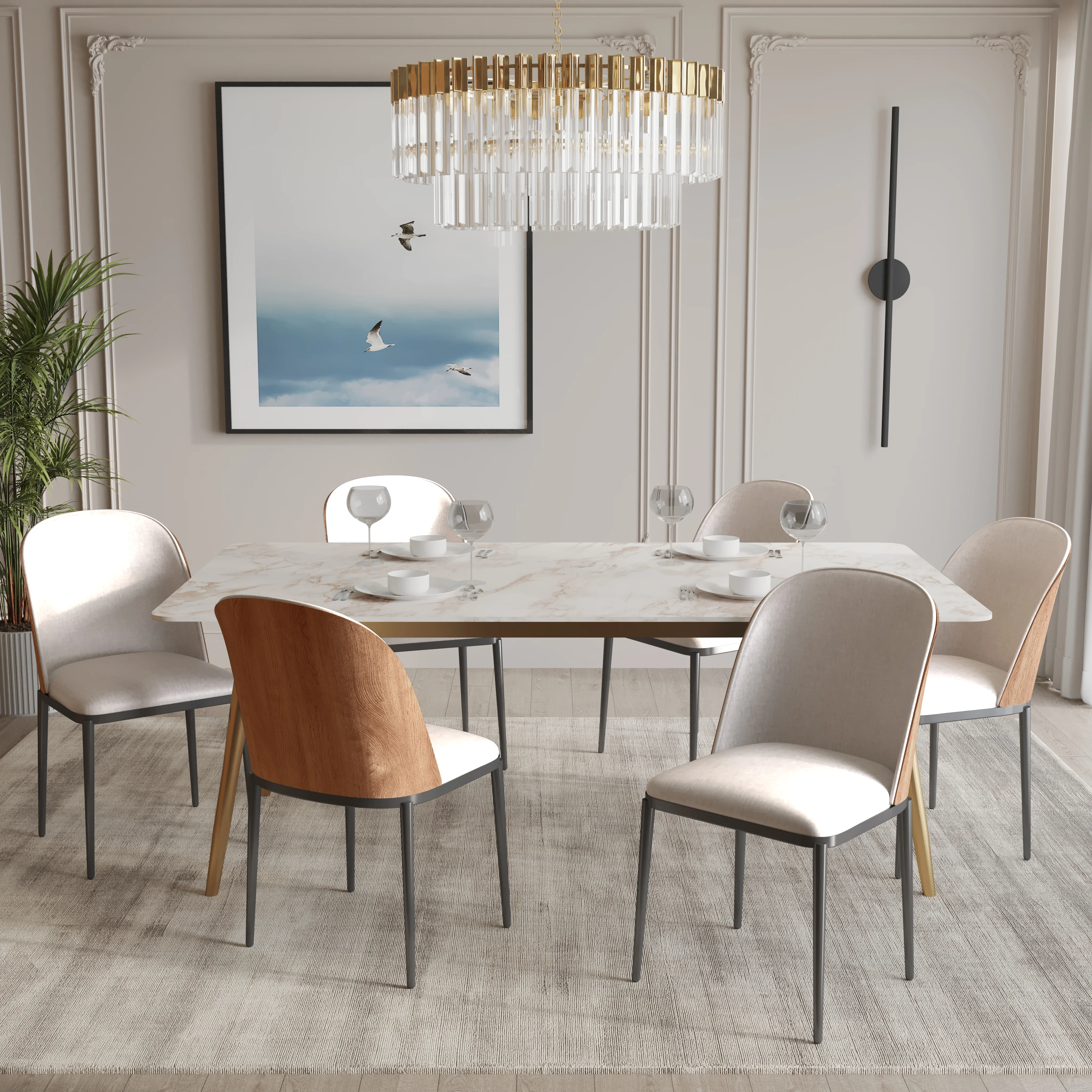 Zayle 7-Piece Dining Set with 55" Rectangular Dining Table in White Grey Sintered Stone Top and 6 Velvet Dining Side Chair in Natural Wood/Beige