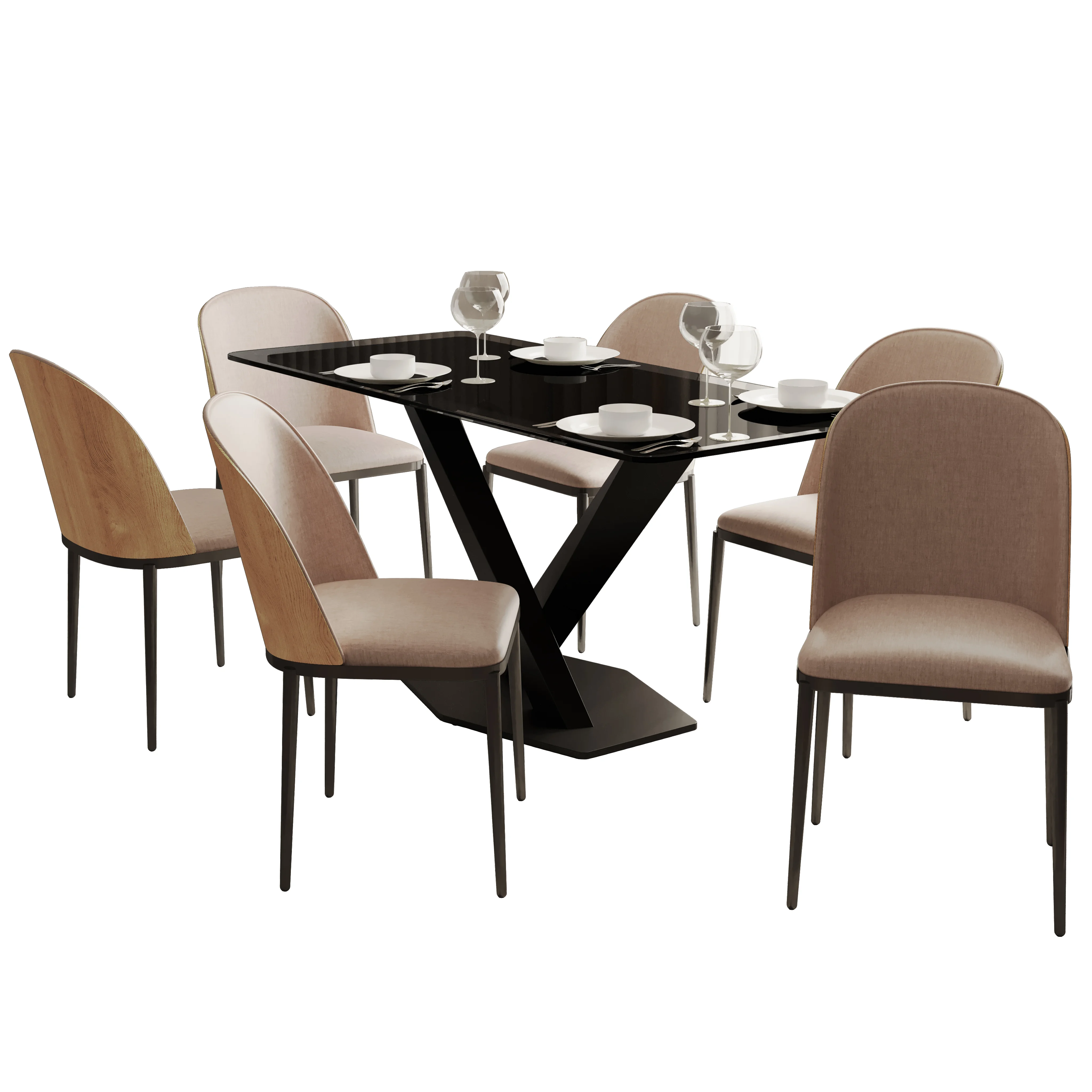Voren 7-Piece Dining Set with 55" Rectangular Dining Table in Black Glass Top and 6 Velvet Dining Side Chair in Natural Wood/Brown