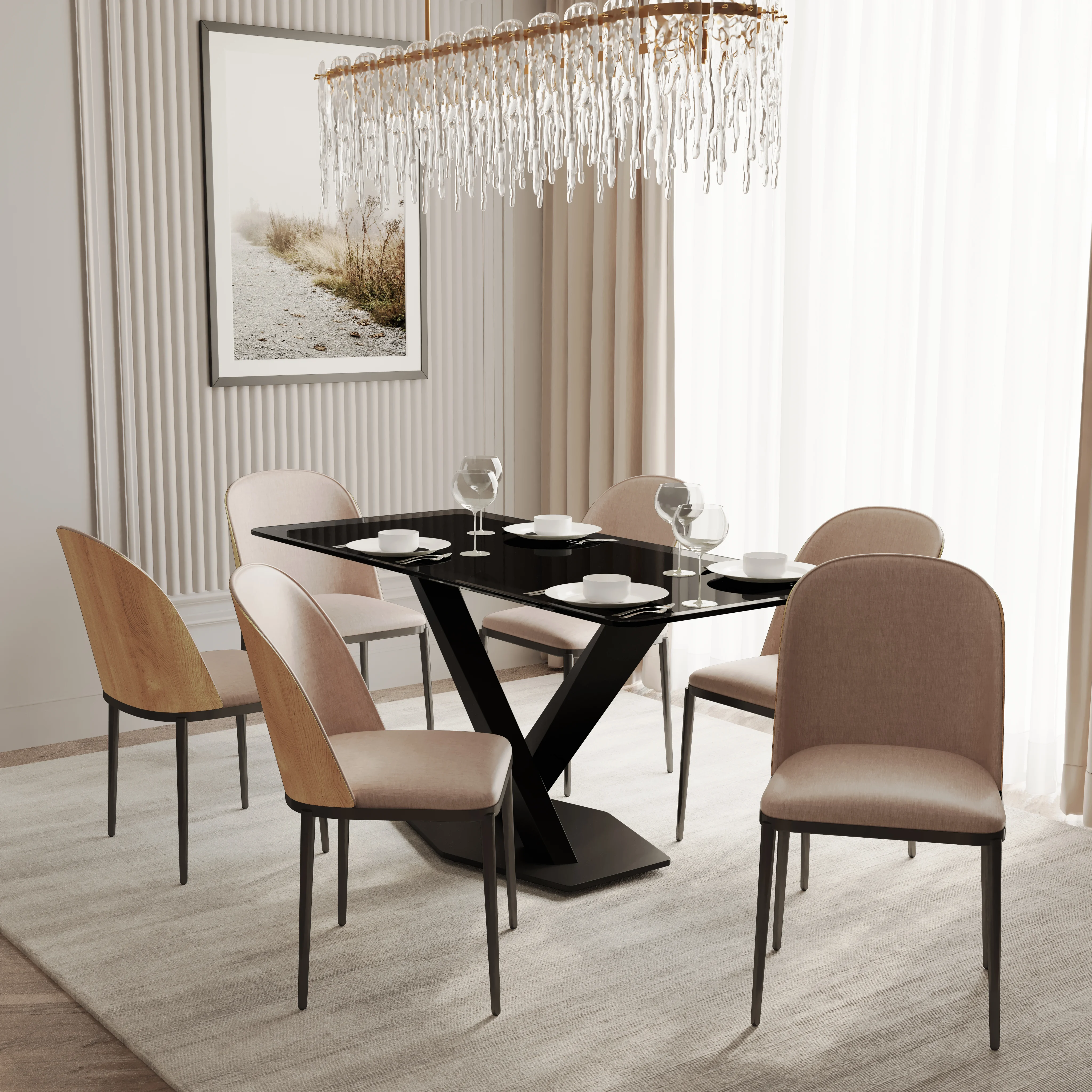 Voren 7-Piece Dining Set with 55" Rectangular Dining Table in Black Glass Top and 6 Velvet Dining Side Chair in Natural Wood/Brown