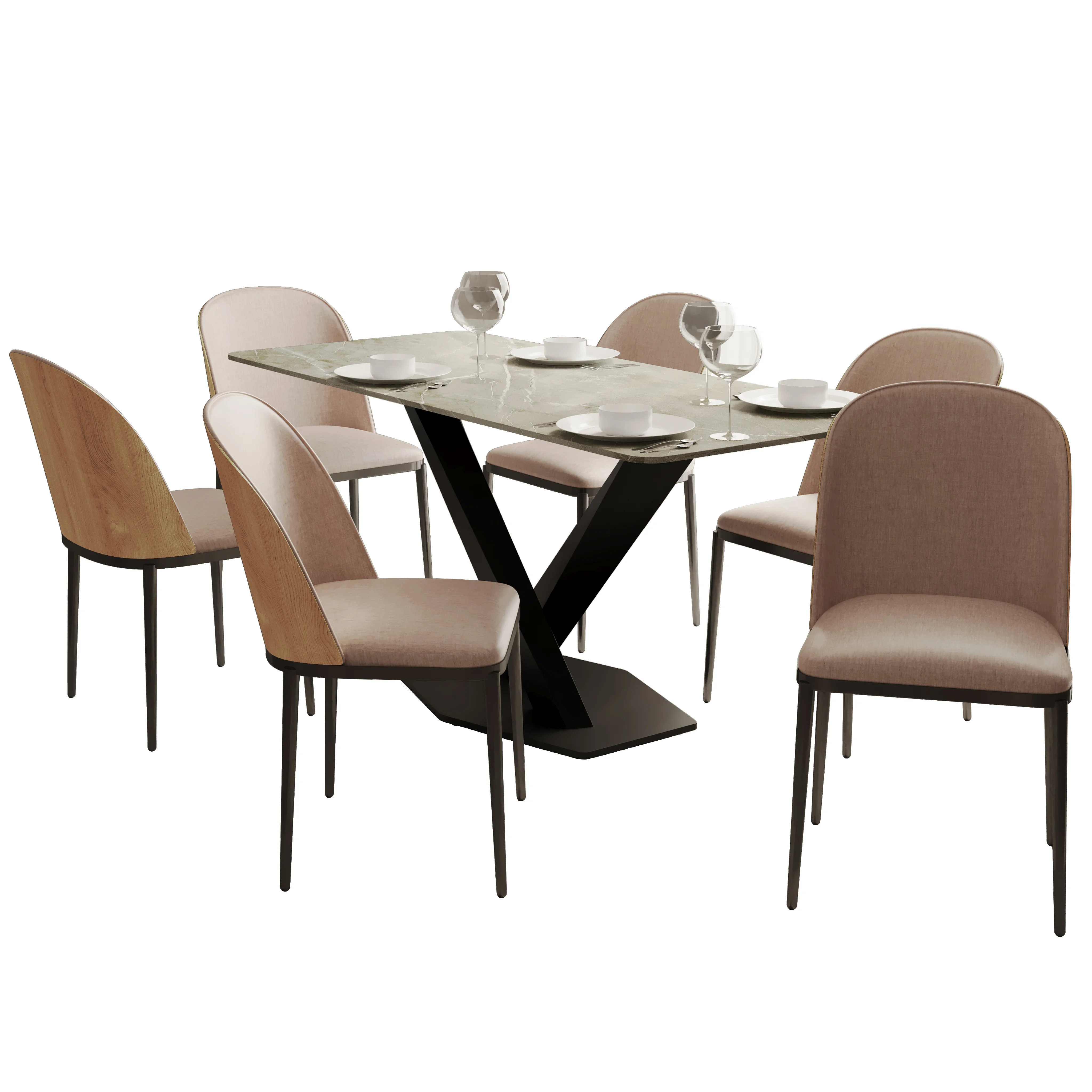 Voren 7-Piece Dining Set with 55" Rectangular Dining Table in Deep Grey Sintered Stone Top and 6 Velvet Dining Side Chair in Natural Wood/Brown