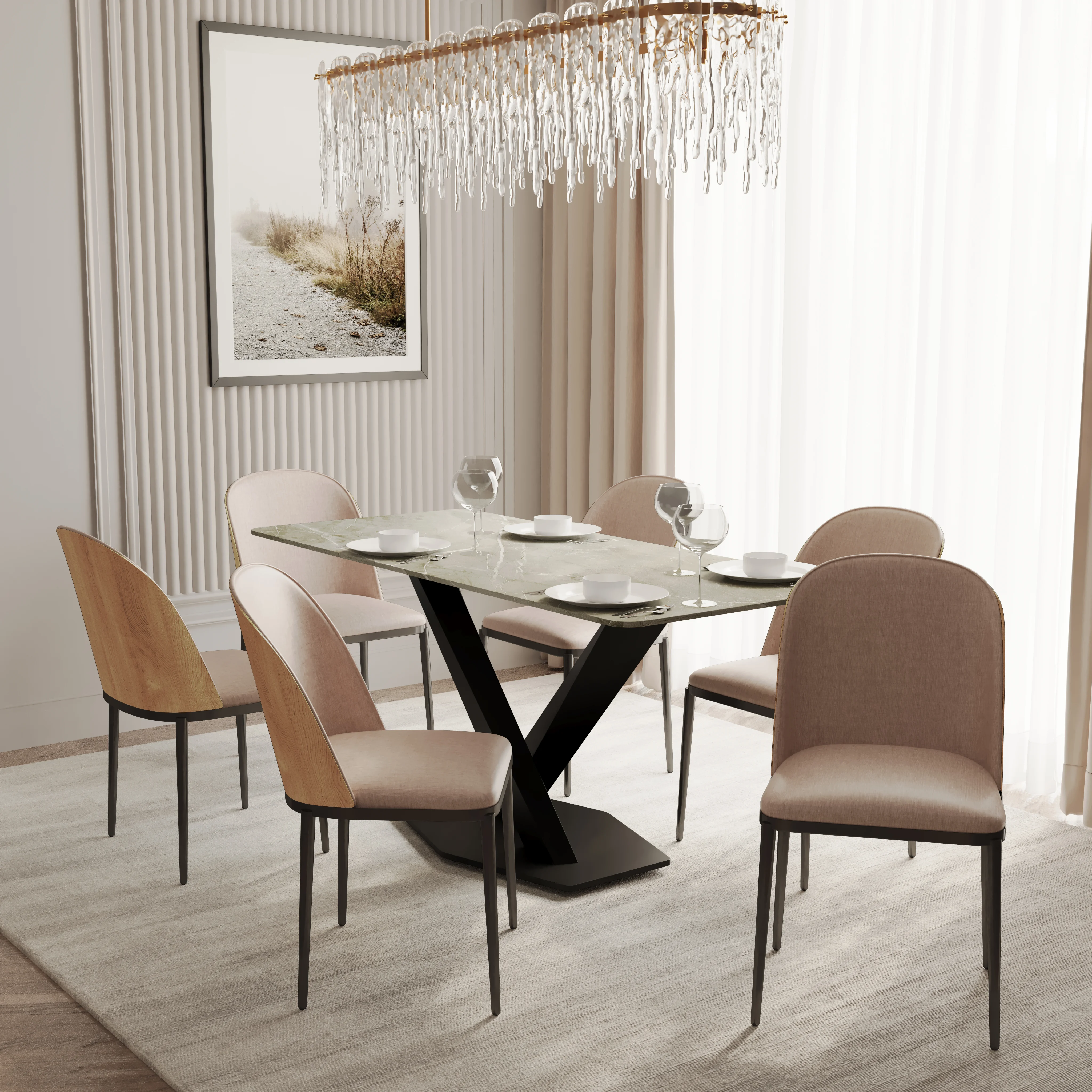 Voren 7-Piece Dining Set with 55" Rectangular Dining Table in Deep Grey Sintered Stone Top and 6 Velvet Dining Side Chair in Natural Wood/Brown