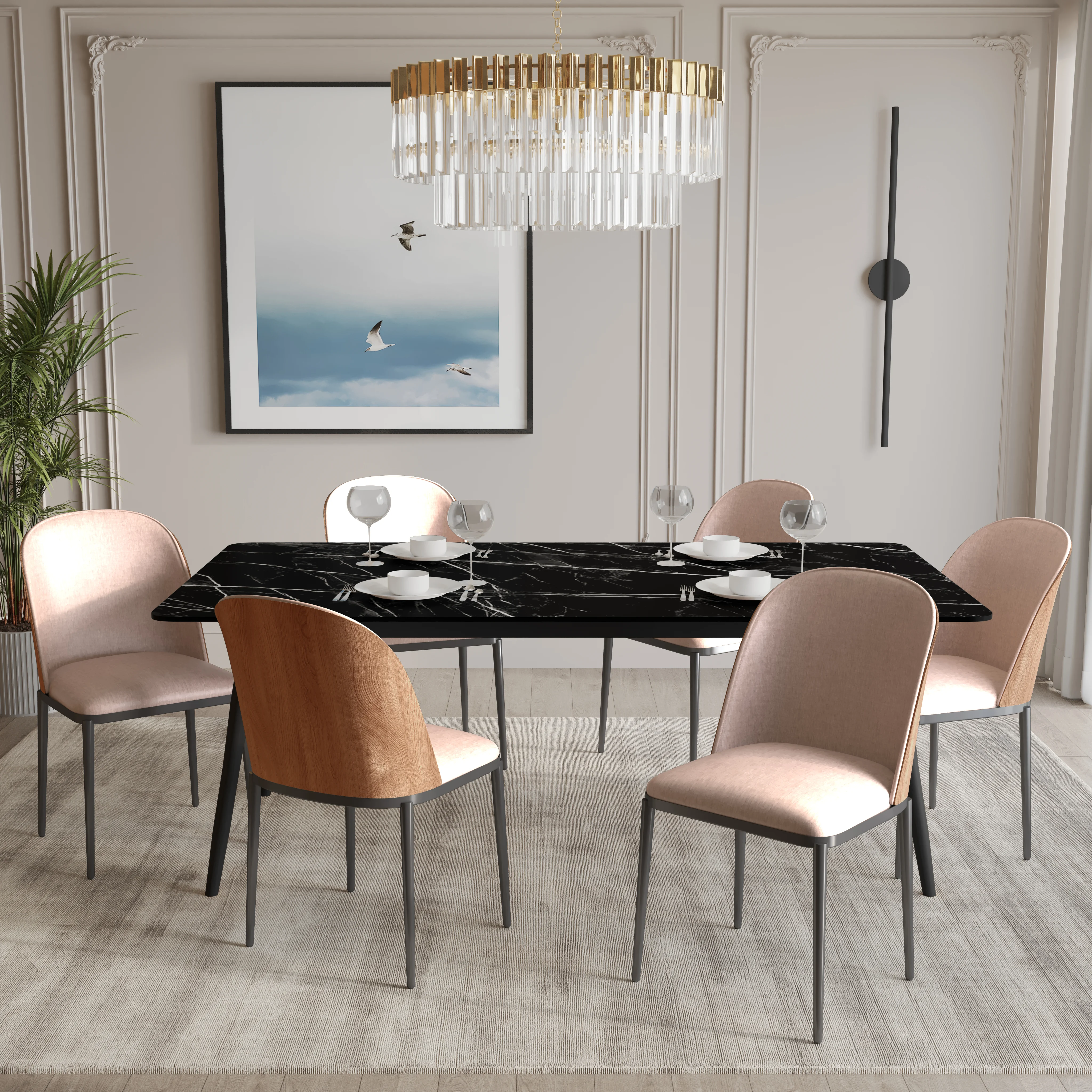 Zayle 7-Piece Dining Set with 55" Rectangular Dining Table in Black/Gold Sintered Stone Top and 6 Velvet Dining Side Chair in Natural Wood/Brown