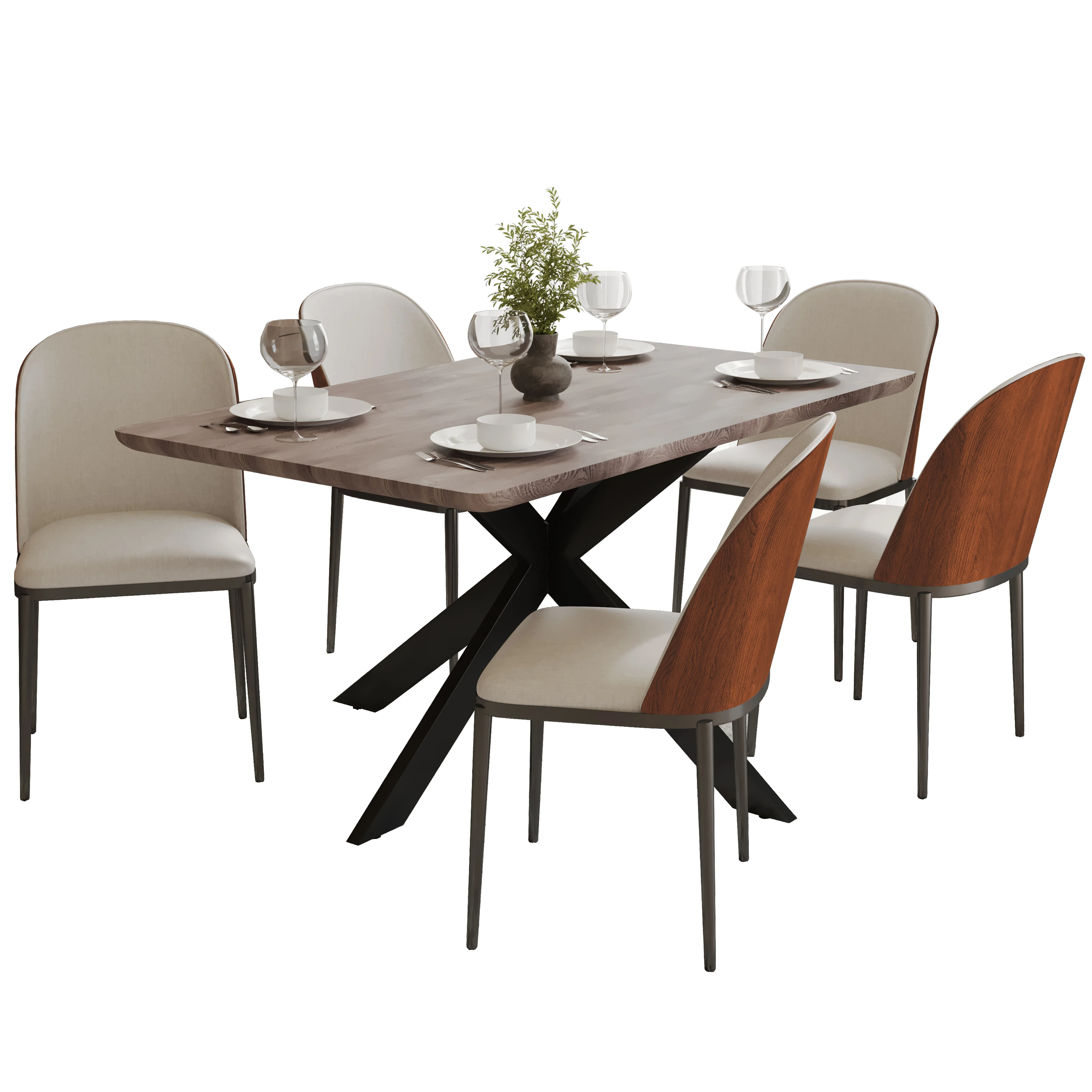 Ravenna 6-Piece Dining Set with 63" Rectangular Dining Table in Rustic Grey and 5 Velvet Dining Side Chair in Walnut/Beige
