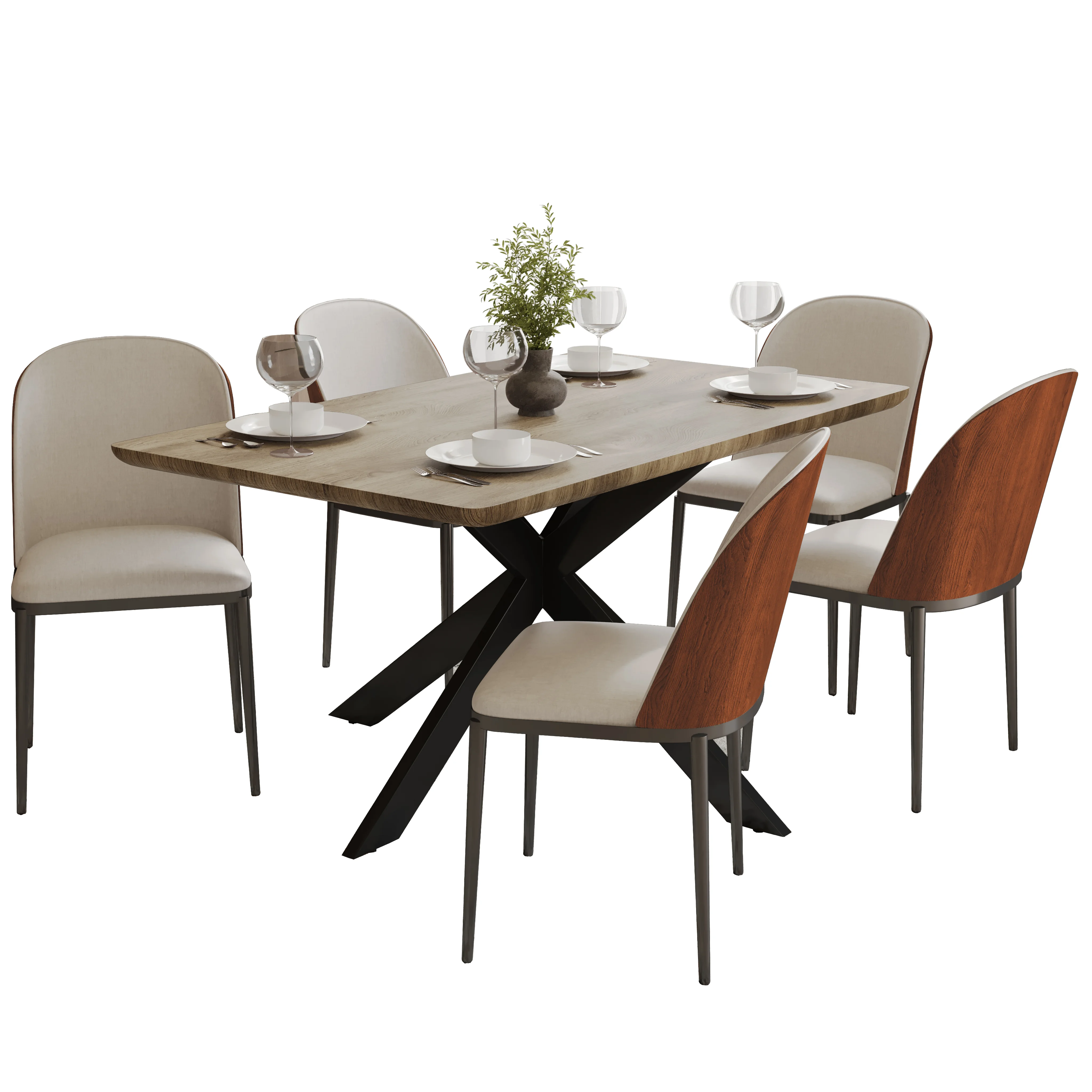Ravenna 6-Piece Dining Set with 63" Rectangular Dining Table in Natural Wood MDF and 5 Velvet Dining Side Chair in Walnut/Beige