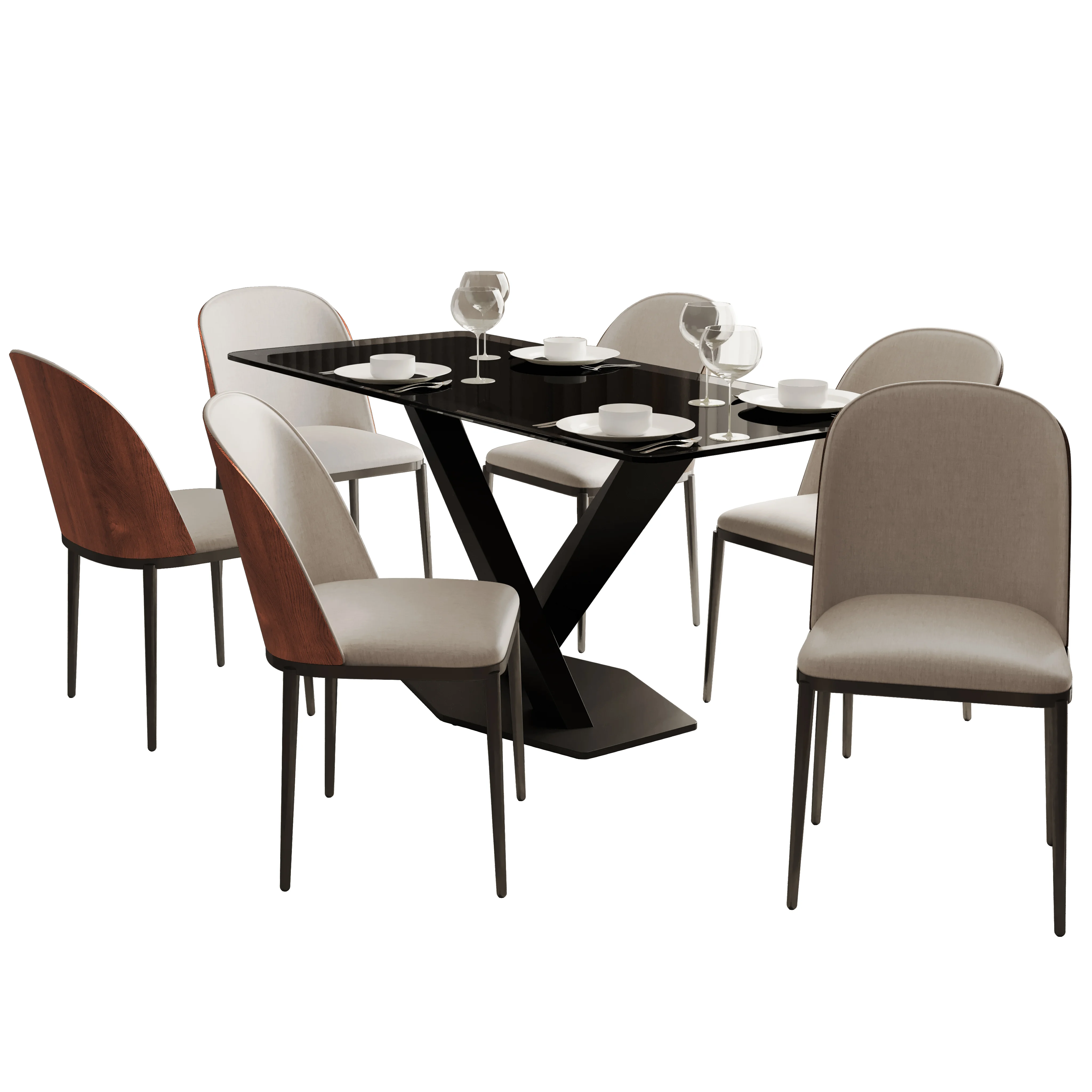 Voren 7-Piece Dining Set with 55" Rectangular Dining Table in Black Glass Top and 6 Velvet Dining Side Chair in Walnut/Beige
