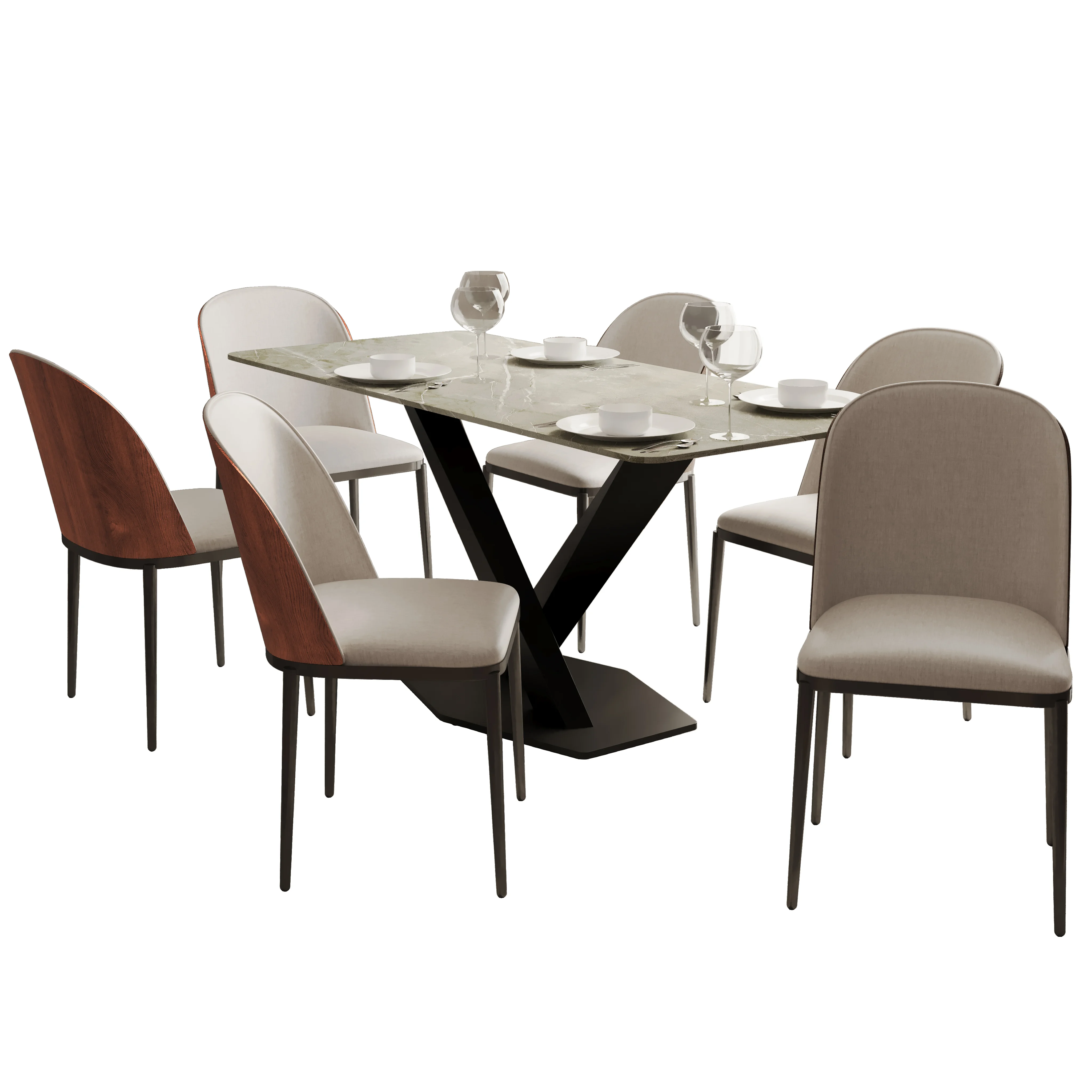 Voren 7-Piece Dining Set with 55" Rectangular Dining Table in Deep Grey Sintered Stone Top and 6 Velvet Dining Side Chair in Walnut/Beige