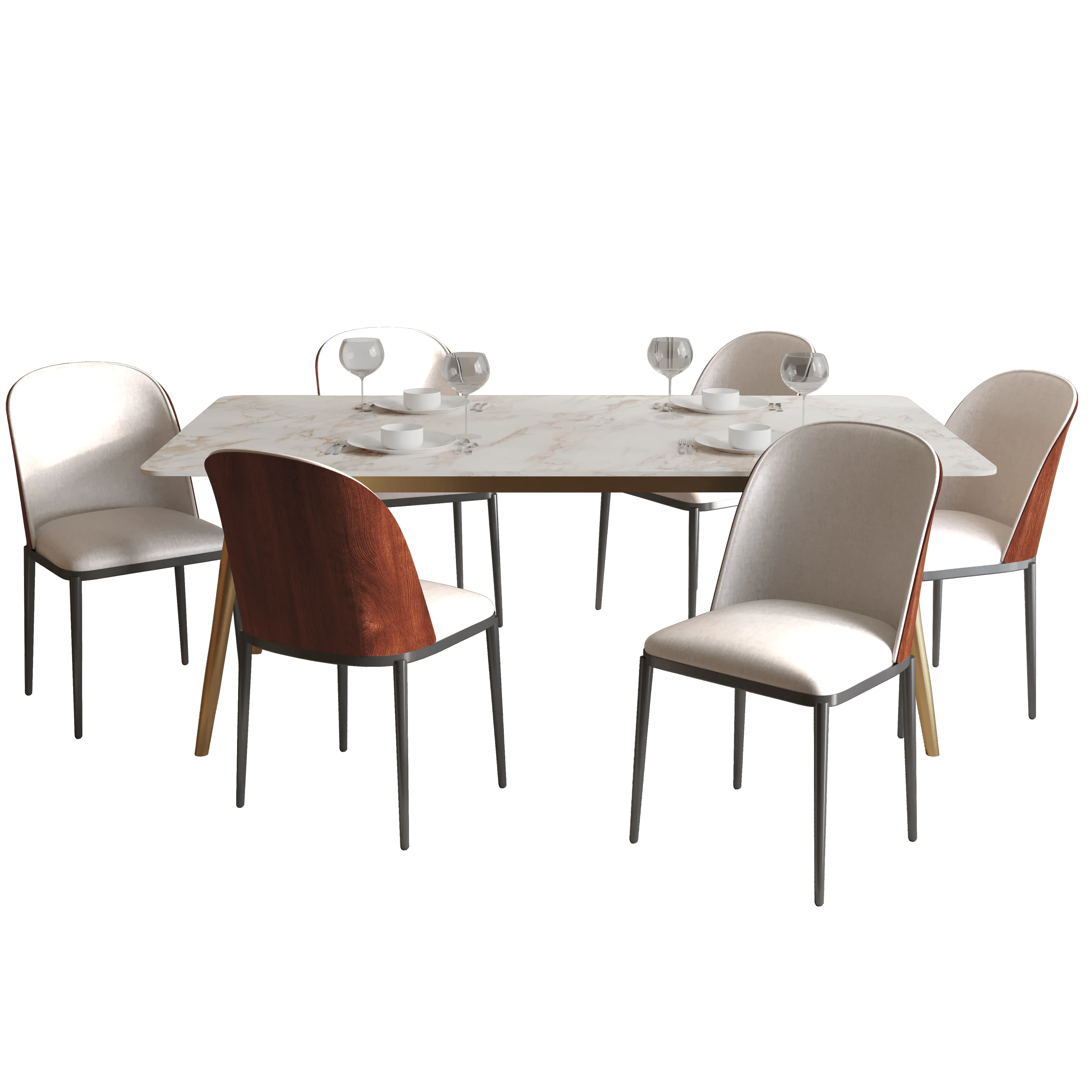 Zayle 7-Piece Dining Set with 55" Rectangular Dining Table in White Grey Sintered Stone Top and 6 Velvet Dining Side Chair in Walnut/Beige