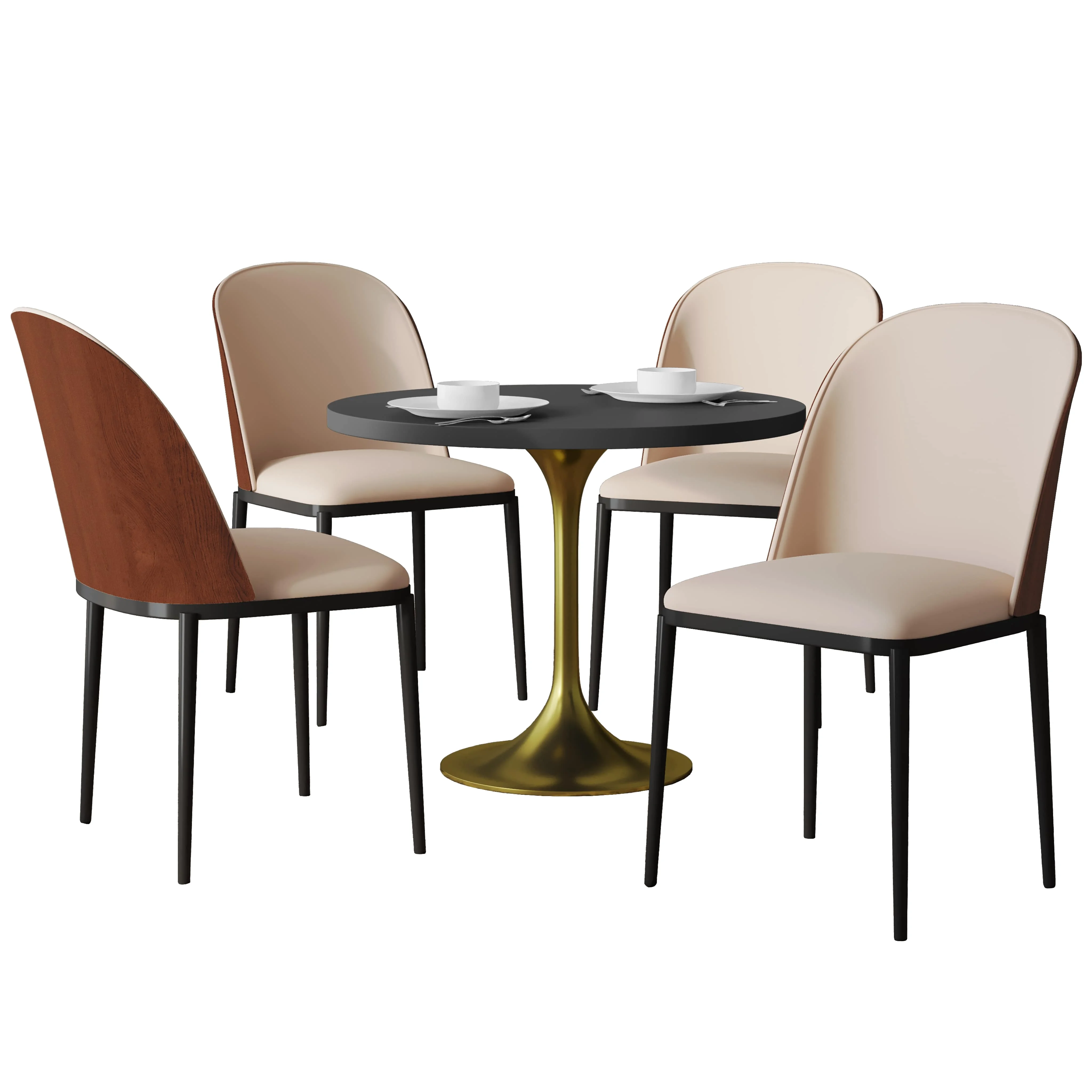 Verve 5-Piece Dining Set with 36" Round MDF Top Table and 4 Leather Dining Side Chairs in Walnut/Brown