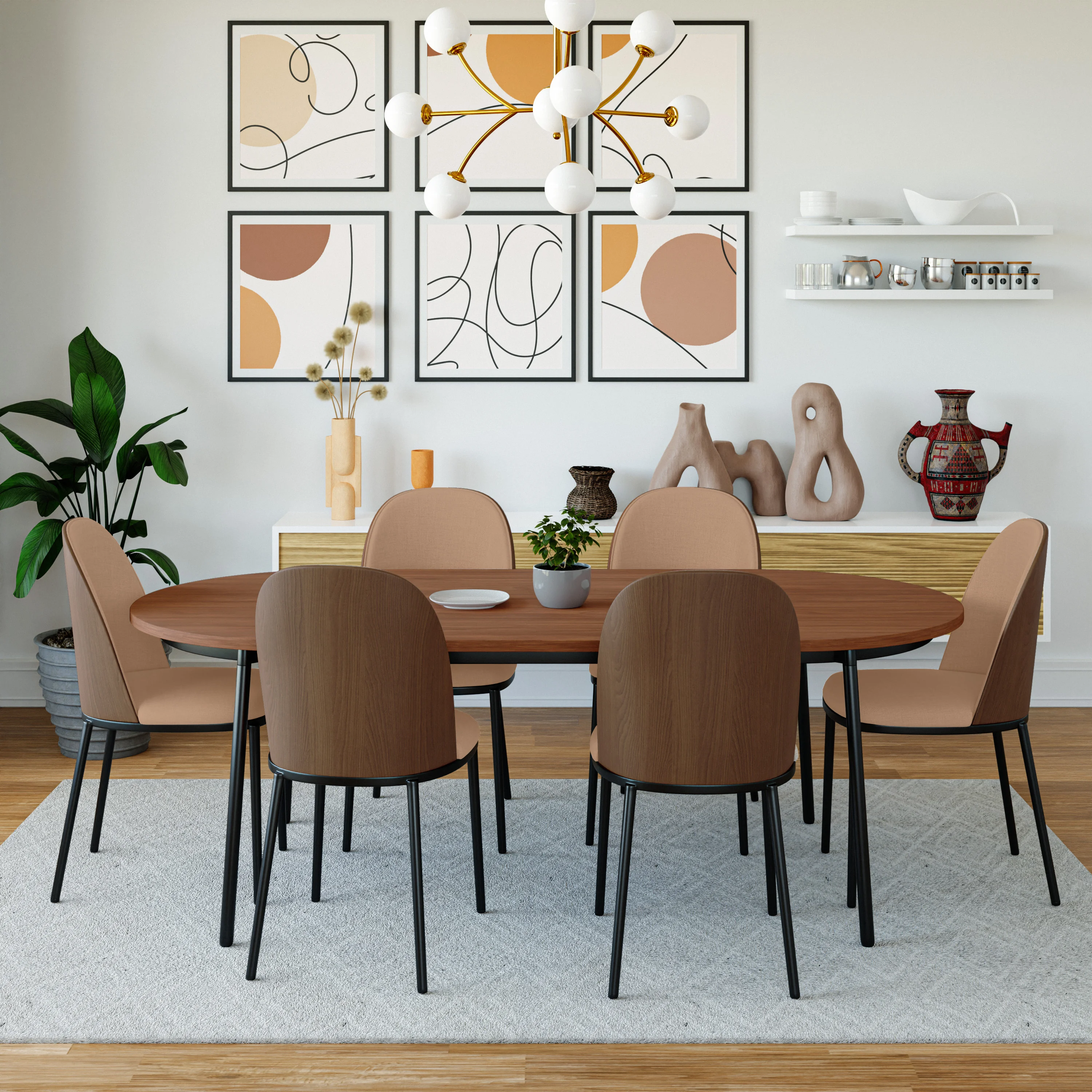 Tule Collection Dining Chair, Walnut Frame With Brown Leather - set of 4