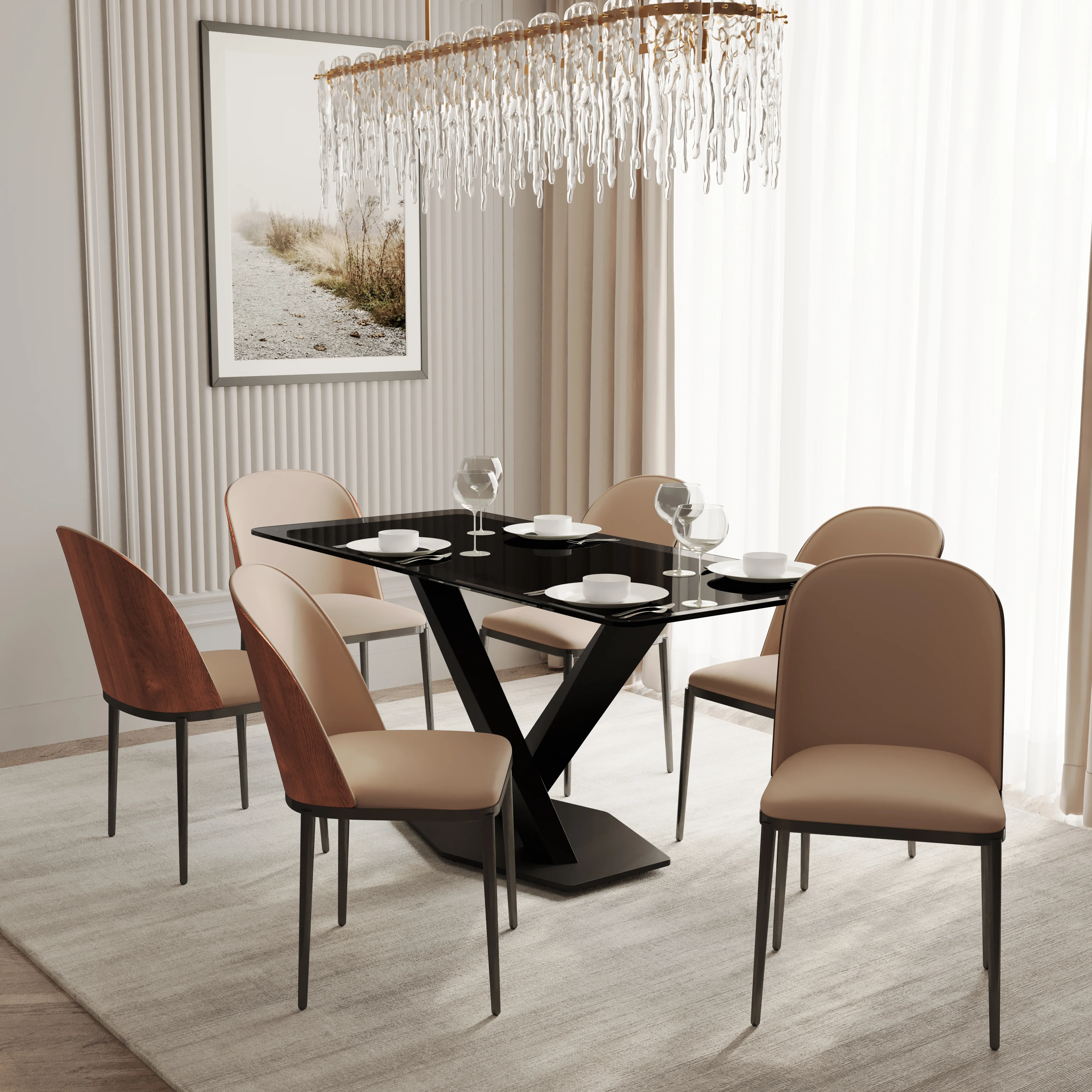Voren 7-Piece Dining Set with 55" Rectangular Dining Table in Black Glass Top and 6 Leather Dining Side Chair in Walnut/Brown