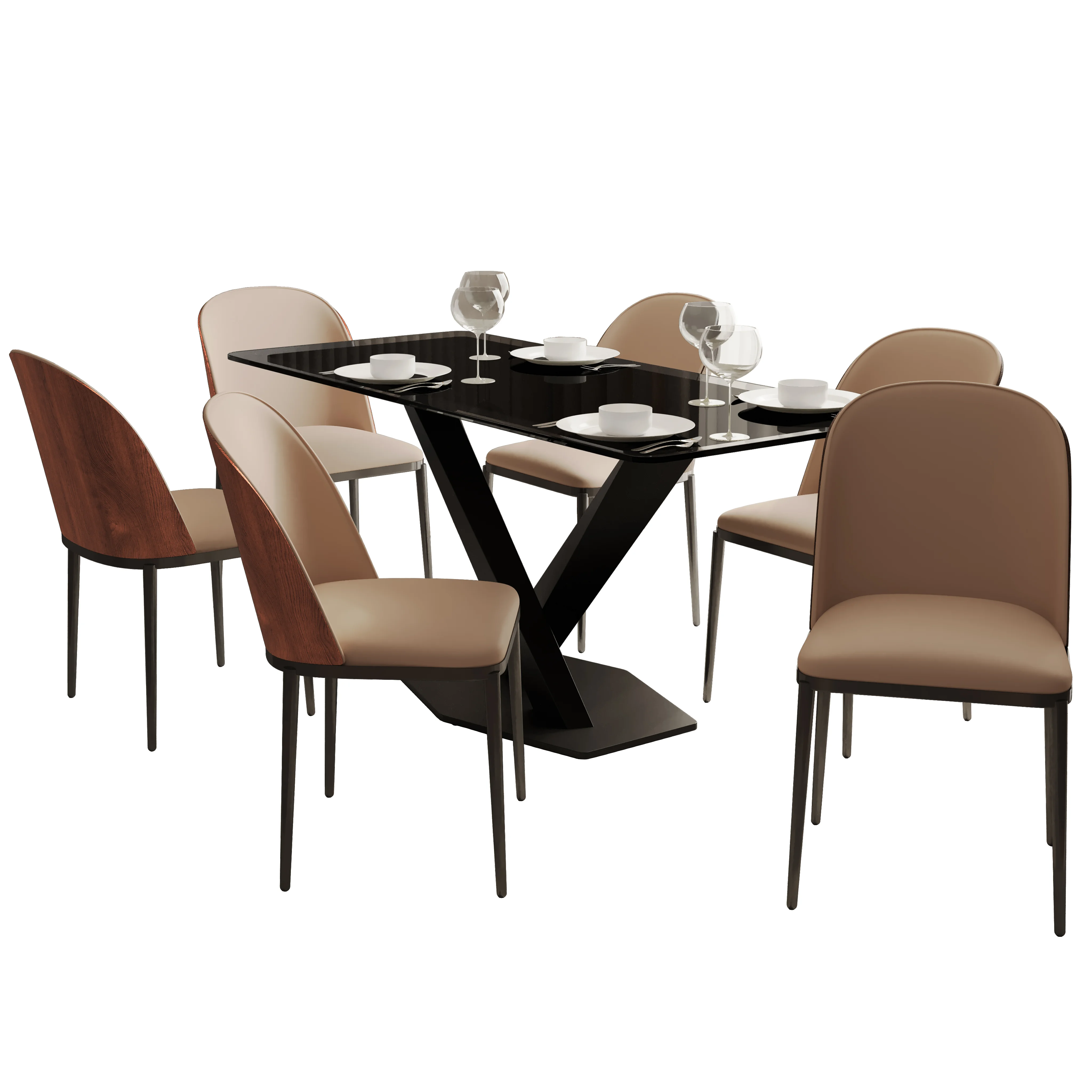 Voren 7-Piece Dining Set with 55" Rectangular Dining Table in Black Glass Top and 6 Leather Dining Side Chair in Walnut/Brown