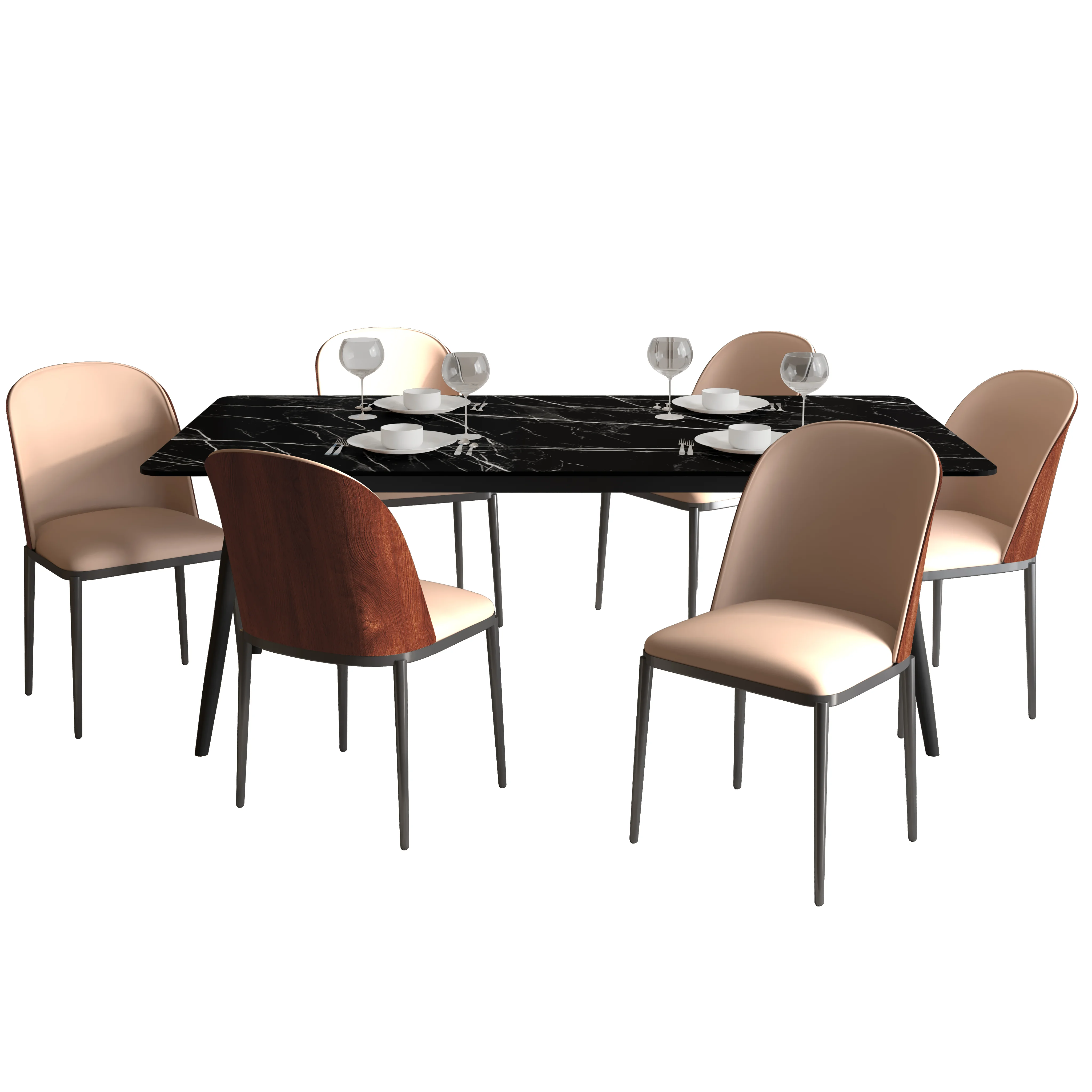 Zayle 7-Piece Dining Set with 55" Rectangular Dining Table in Black/Gold Sintered Stone Top and 6 Leather Dining Side Chair in Walnut/Brown