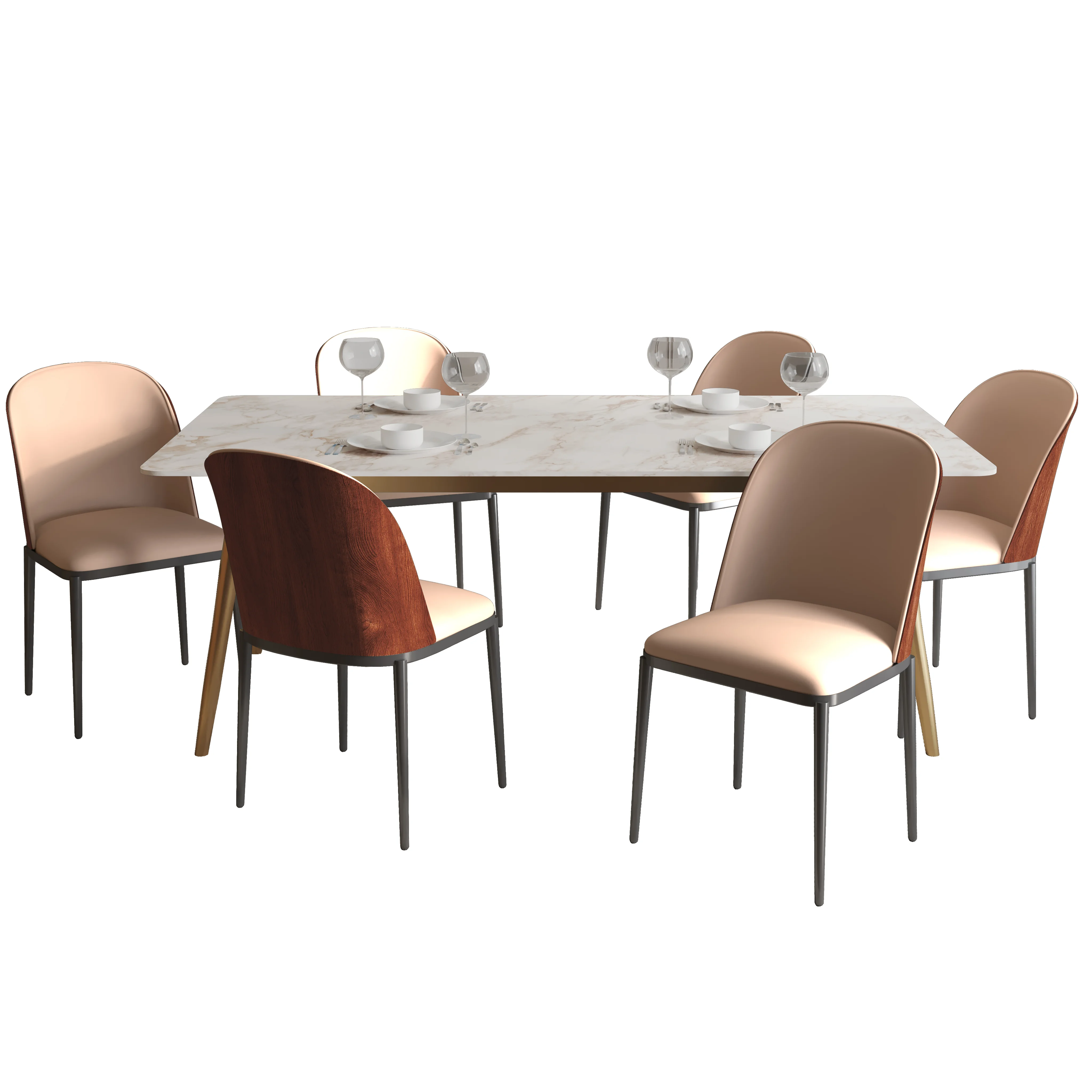 Zayle 7-Piece Dining Set with 55" Rectangular Dining Table in White Grey Sintered Stone Top and 6 Leather Dining Side Chair in Walnut/Brown