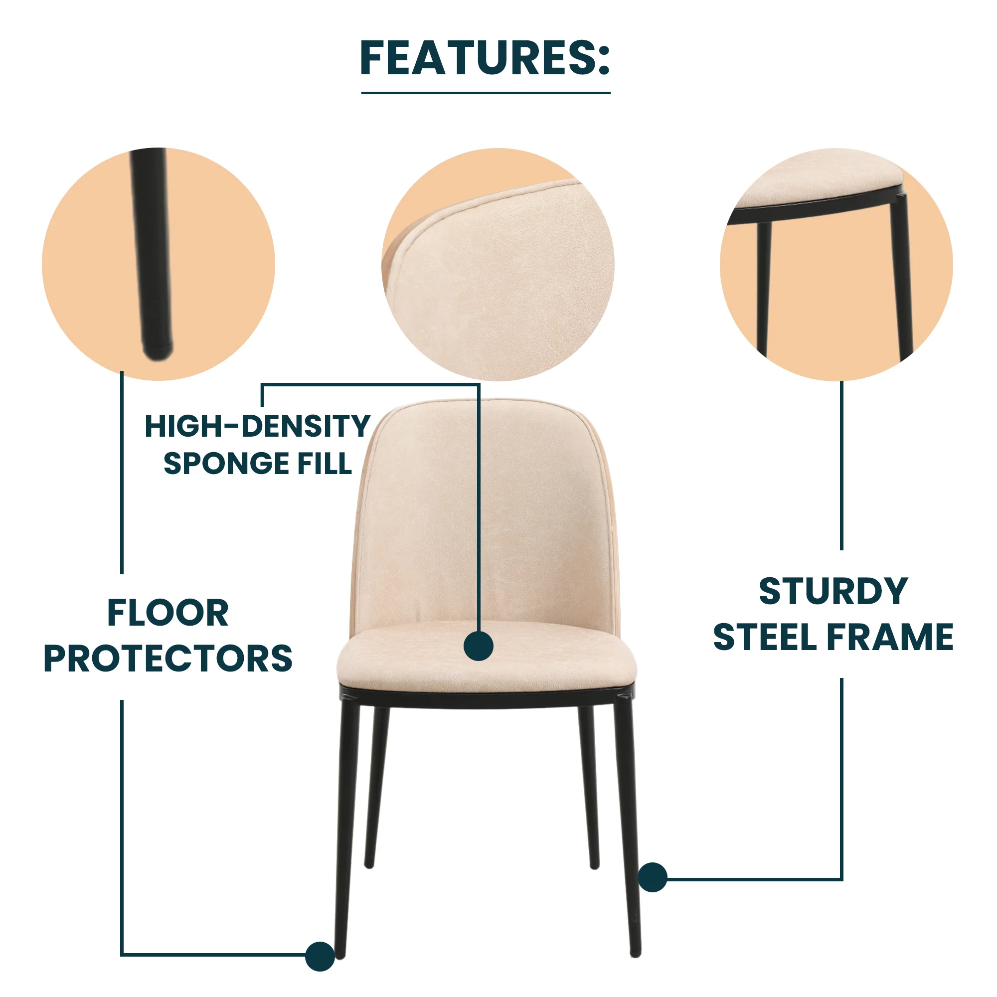 Tule Mid-Century Modern Dining Side Chair with Leather Seat and Powder-Coated Steel Frame for Kitchen and Dining Room