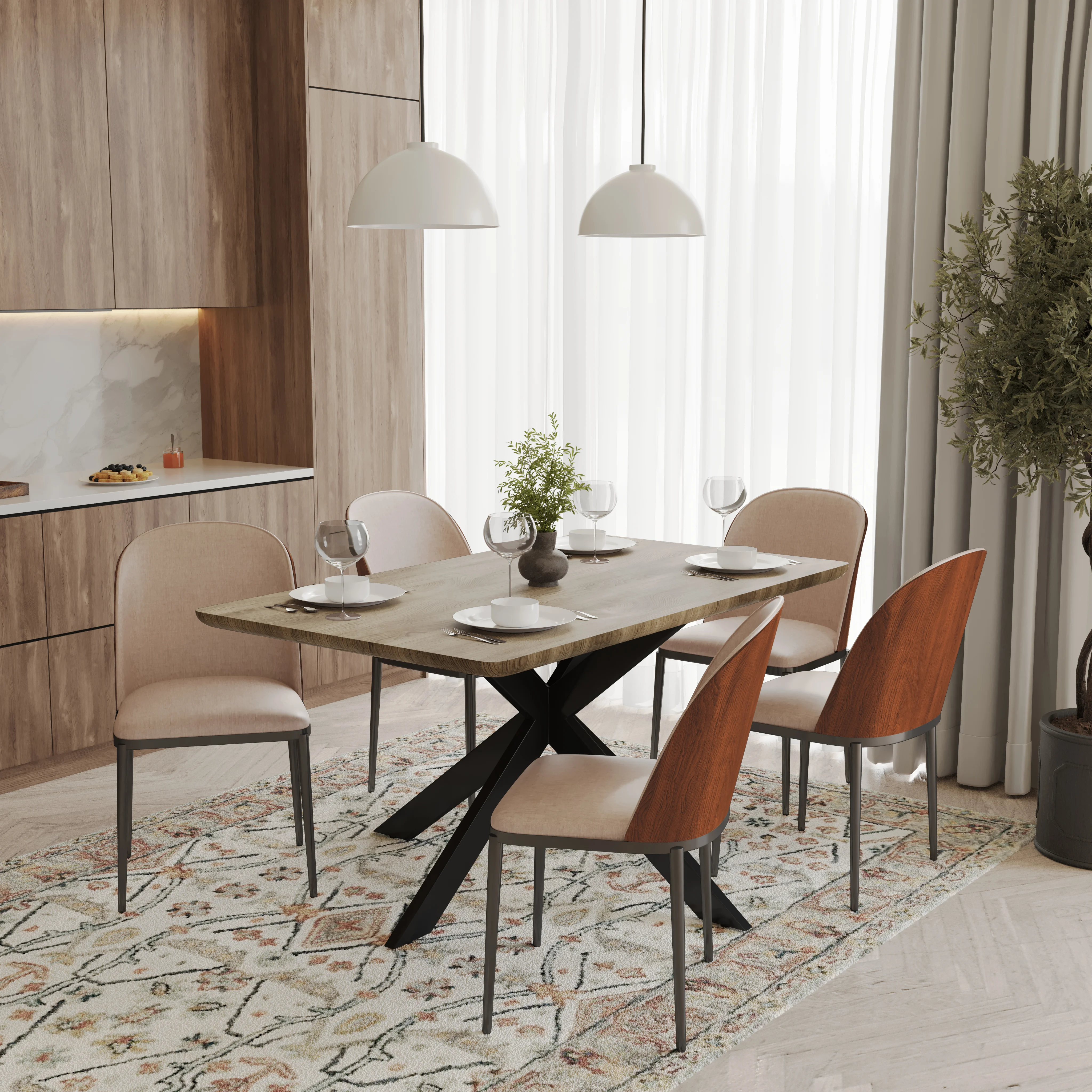 Ravenna 6-Piece Dining Set with 63" Rectangular Dining Table in Natural Wood MDF and 5 Leather Dining Side Chair in Walnut/Light Brown