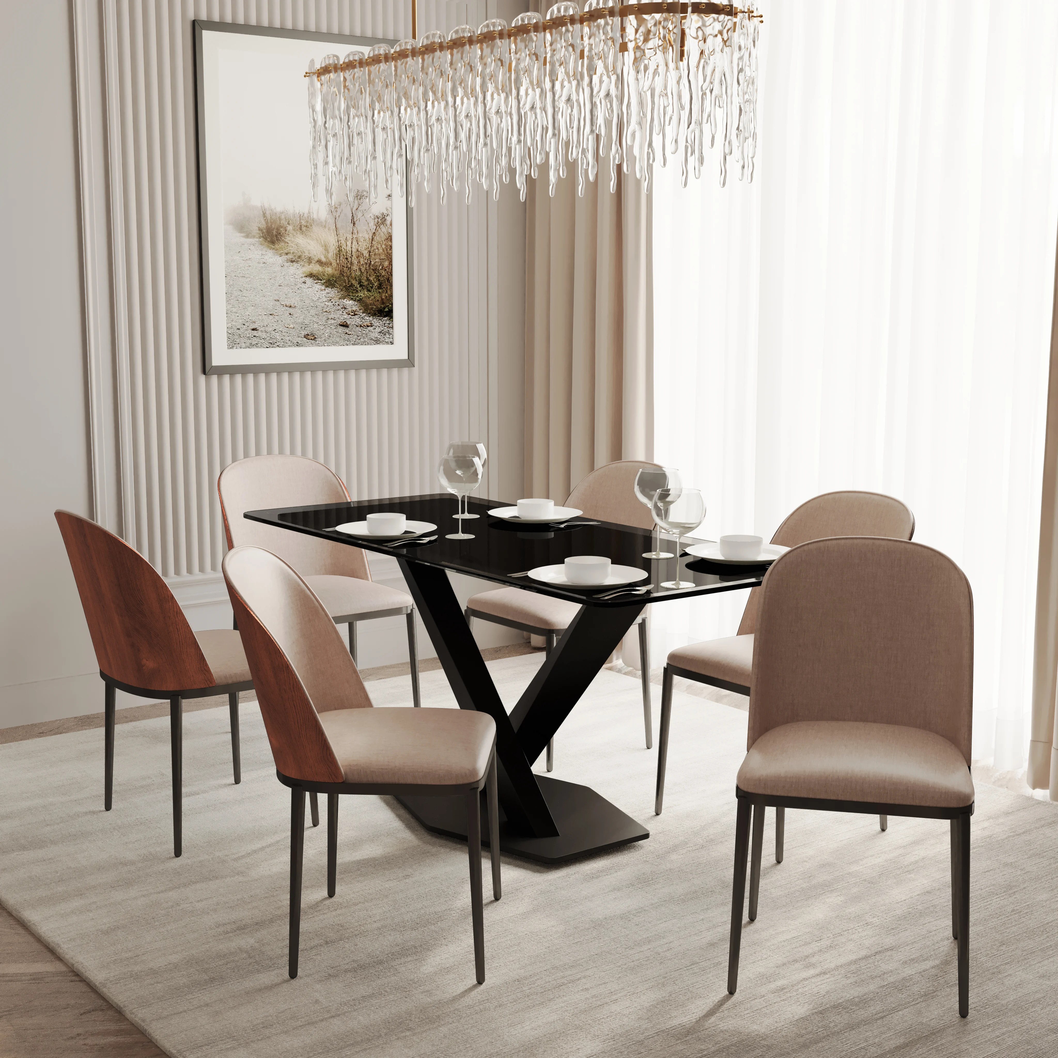 Voren 7-Piece Dining Set with 55" Rectangular Dining Table in Black Glass Top and 6 Leather Dining Side Chair in Walnut/Light Brown