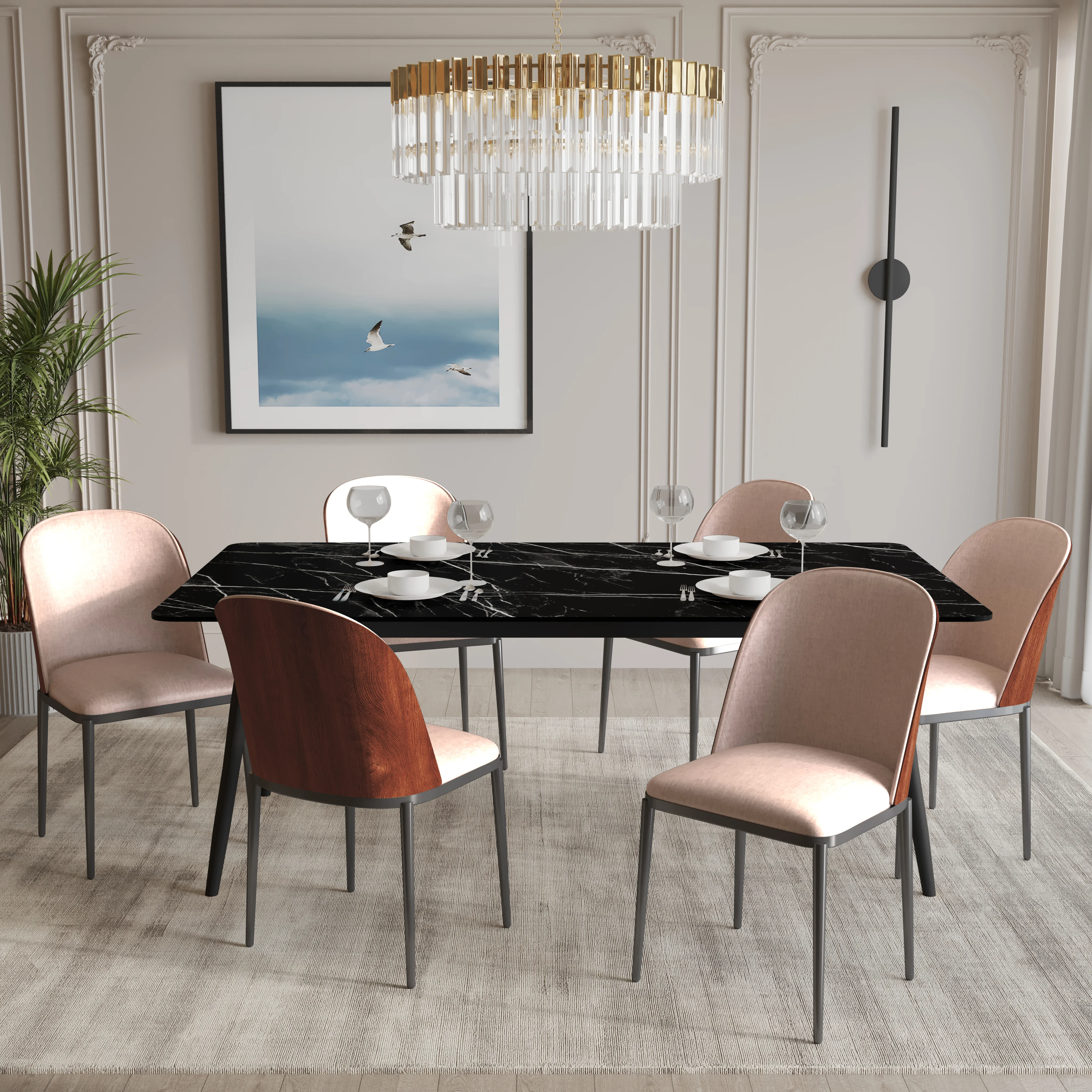 Zayle 7-Piece Dining Set with 55" Rectangular Dining Table in Black/Gold Sintered Stone Top and 6 Leather Dining Side Chair in Walnut/Light Brown