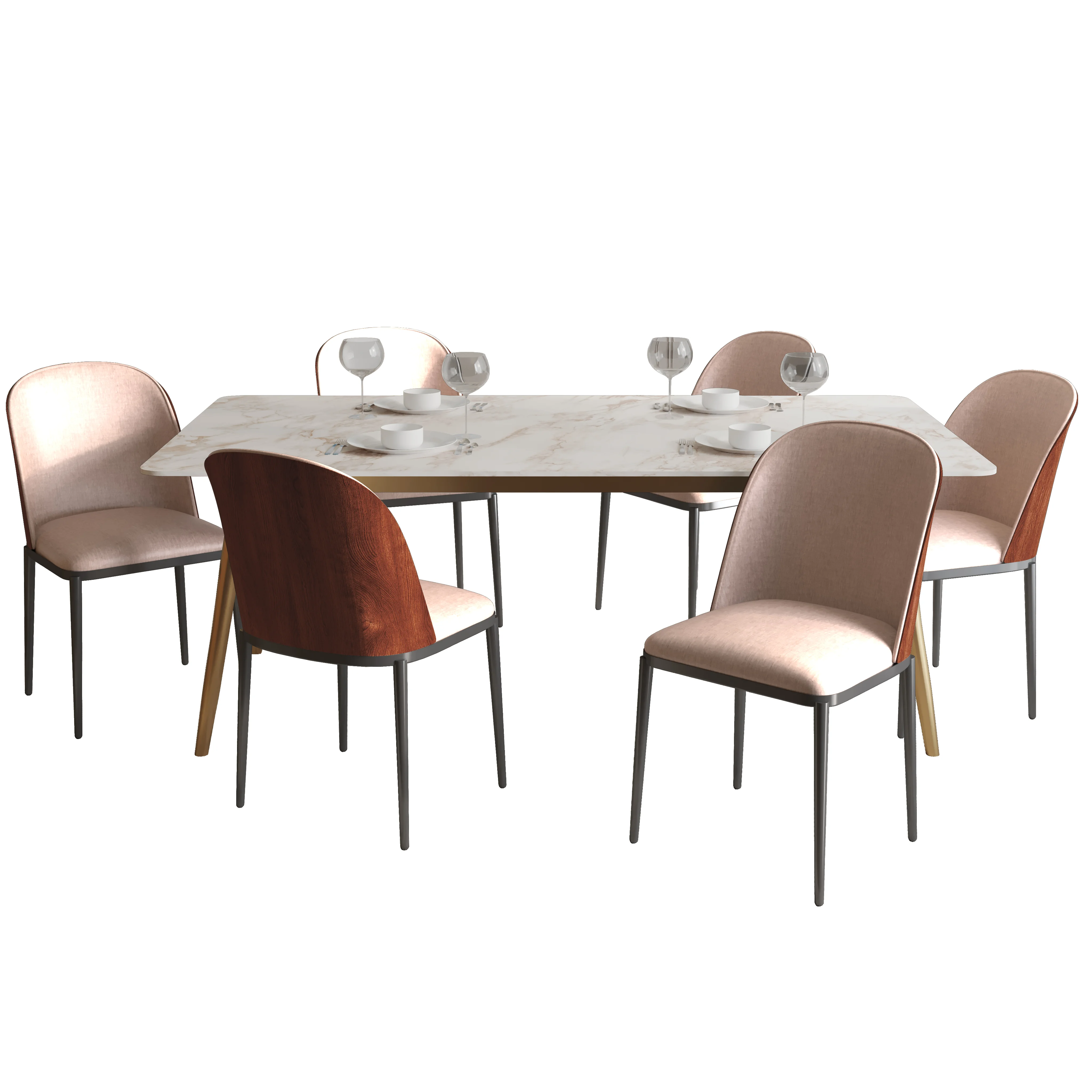 Zayle 7-Piece Dining Set with 55" Rectangular Dining Table in White Grey Sintered Stone Top and 6 Leather Dining Side Chair in Walnut/Light Brown