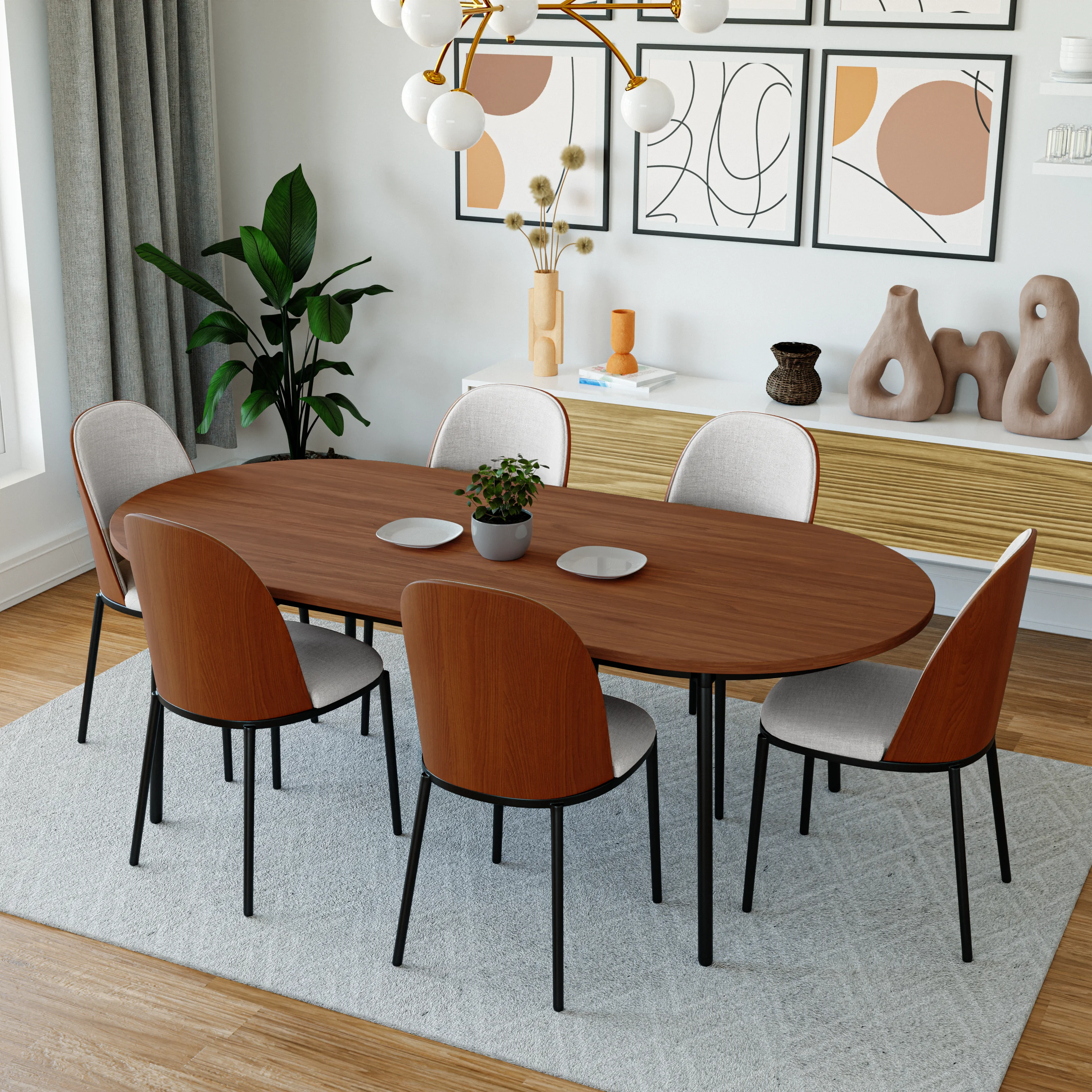 Tule Mid-Century Modern Dining Side Chair with Leather Seat and Powder-Coated Steel Frame for Kitchen and Dining Room