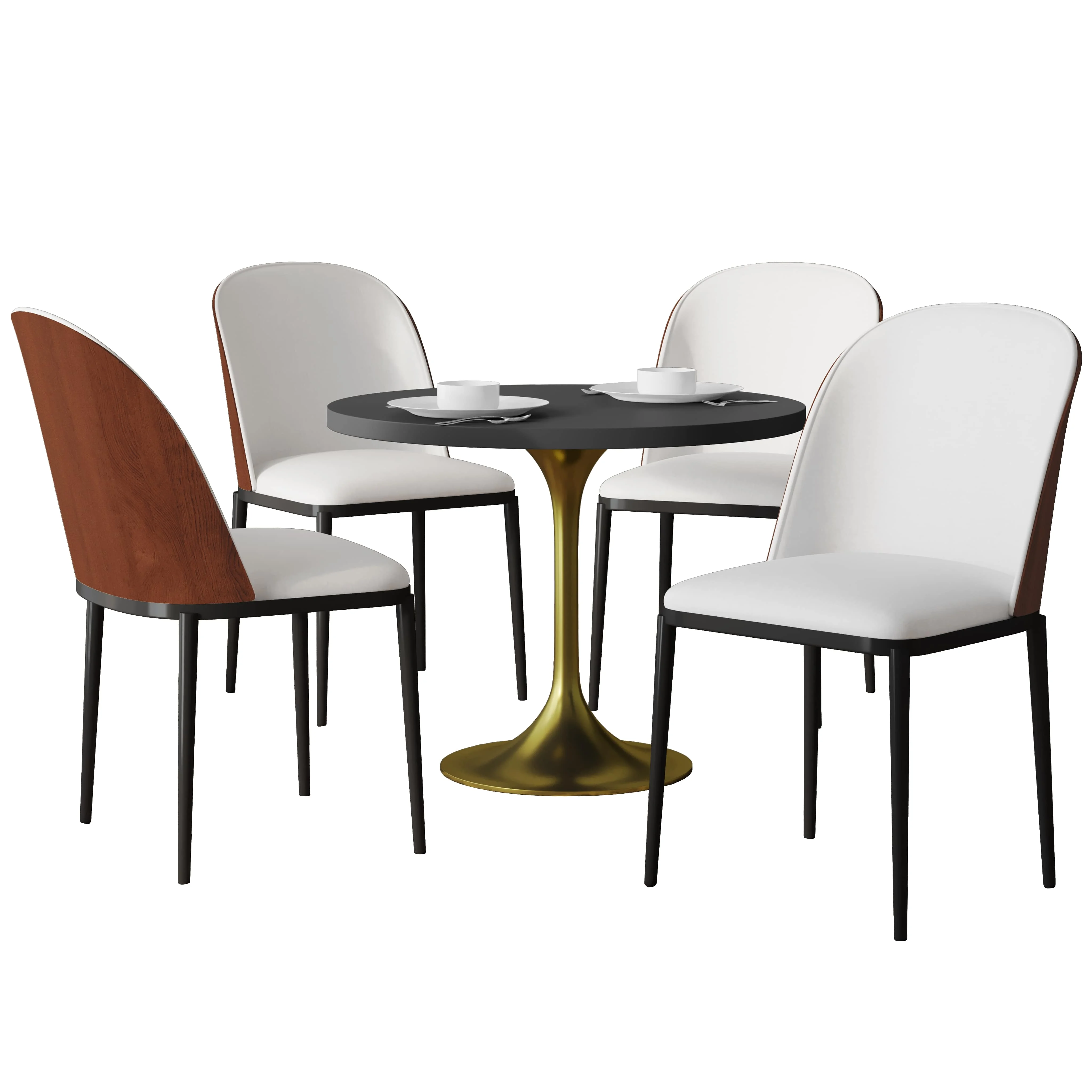 Verve 5-Piece Dining Set with 36" Round MDF Top Table and 4 Leather Dining Side Chairs in Walnut/White
