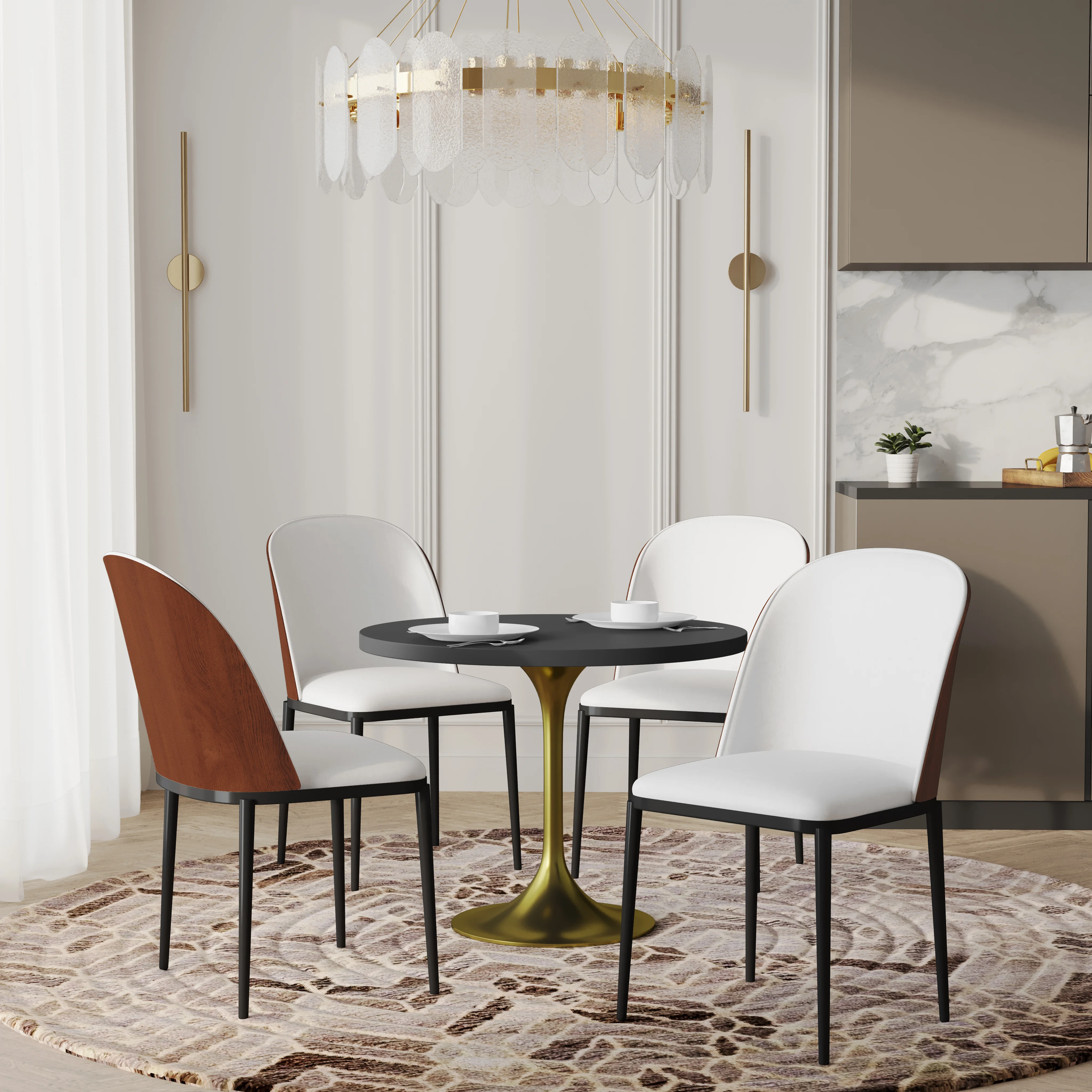 Verve 5-Piece Dining Set with 36" Round MDF Top Table and 4 Leather Dining Side Chairs in Walnut/White