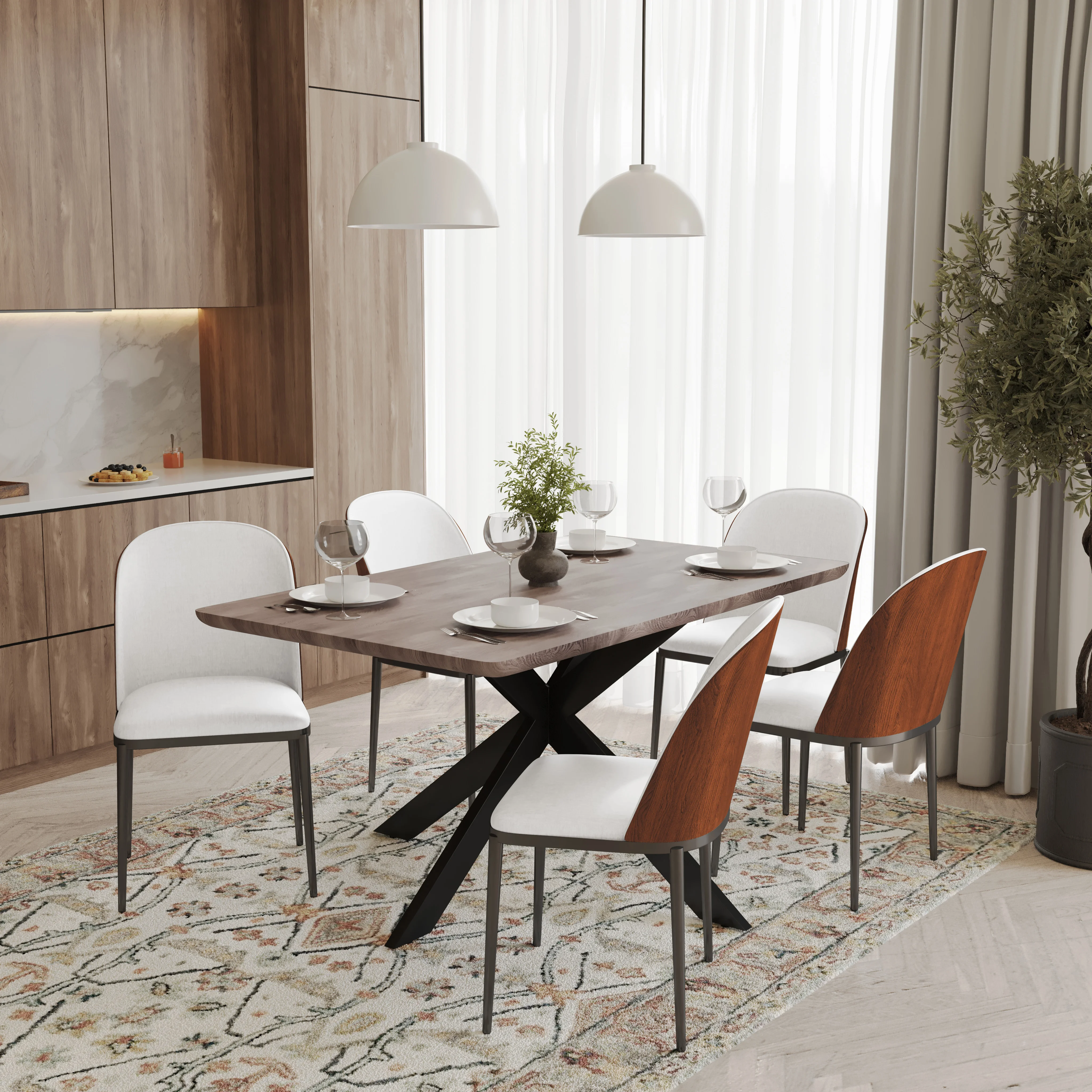 Ravenna 6-Piece Dining Set with 63" Rectangular Dining Table in Rustic Grey and 5 Leather Dining Side Chair in Walnut/White