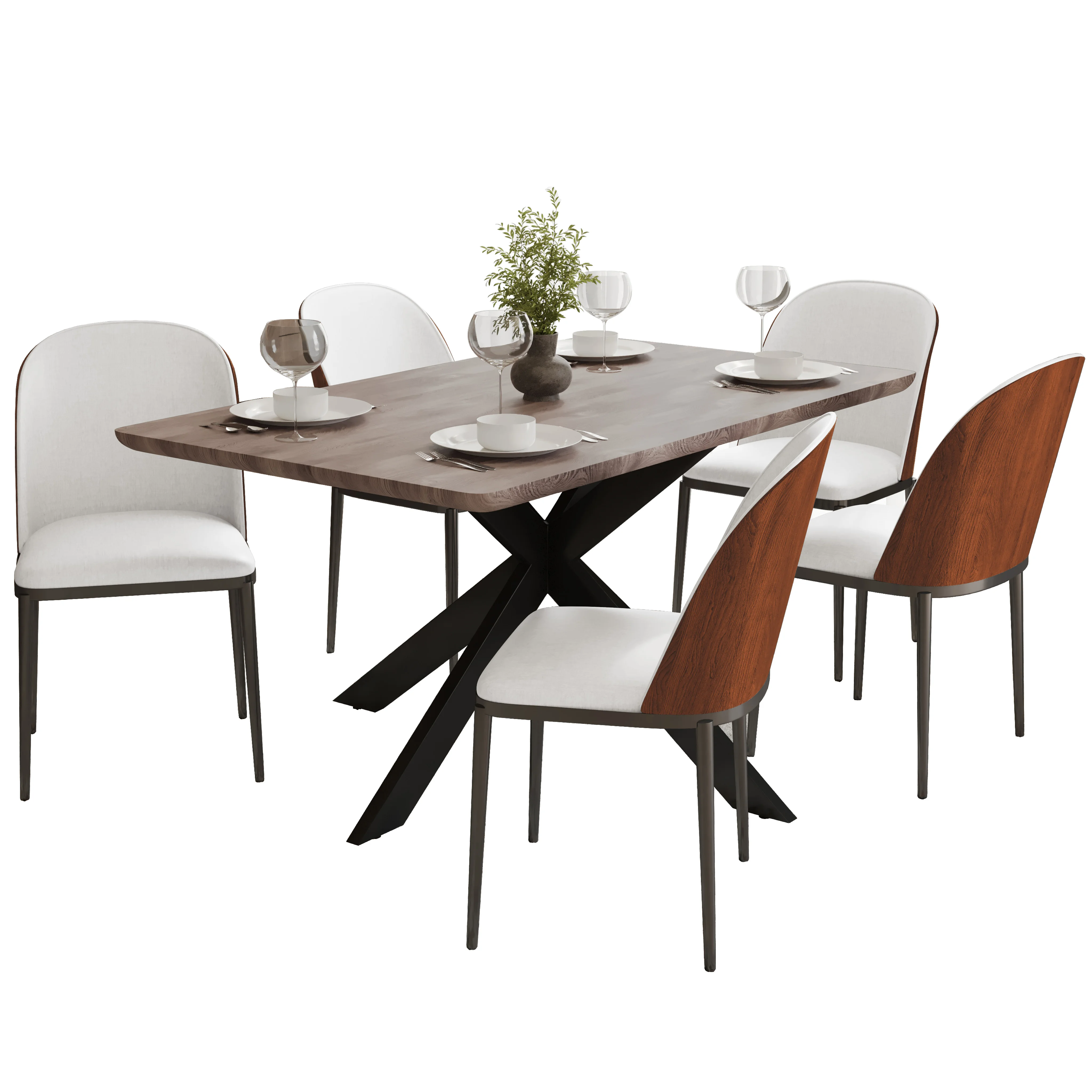 Ravenna 6-Piece Dining Set with 63" Rectangular Dining Table in Rustic Grey and 5 Leather Dining Side Chair in Walnut/White