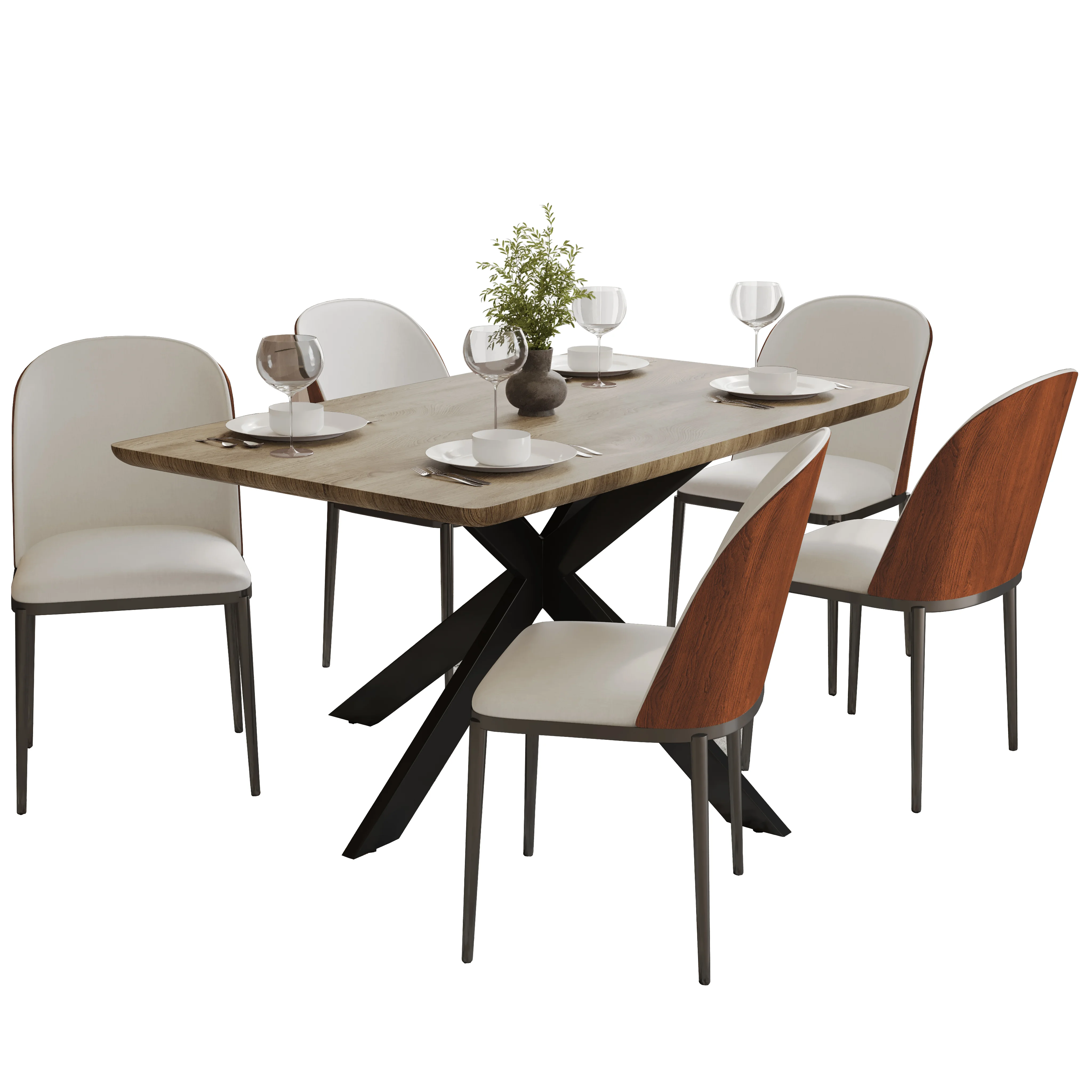 Ravenna 6-Piece Dining Set with 63" Rectangular Dining Table in Natural Wood MDF and 5 Leather Dining Side Chair in Walnut/White