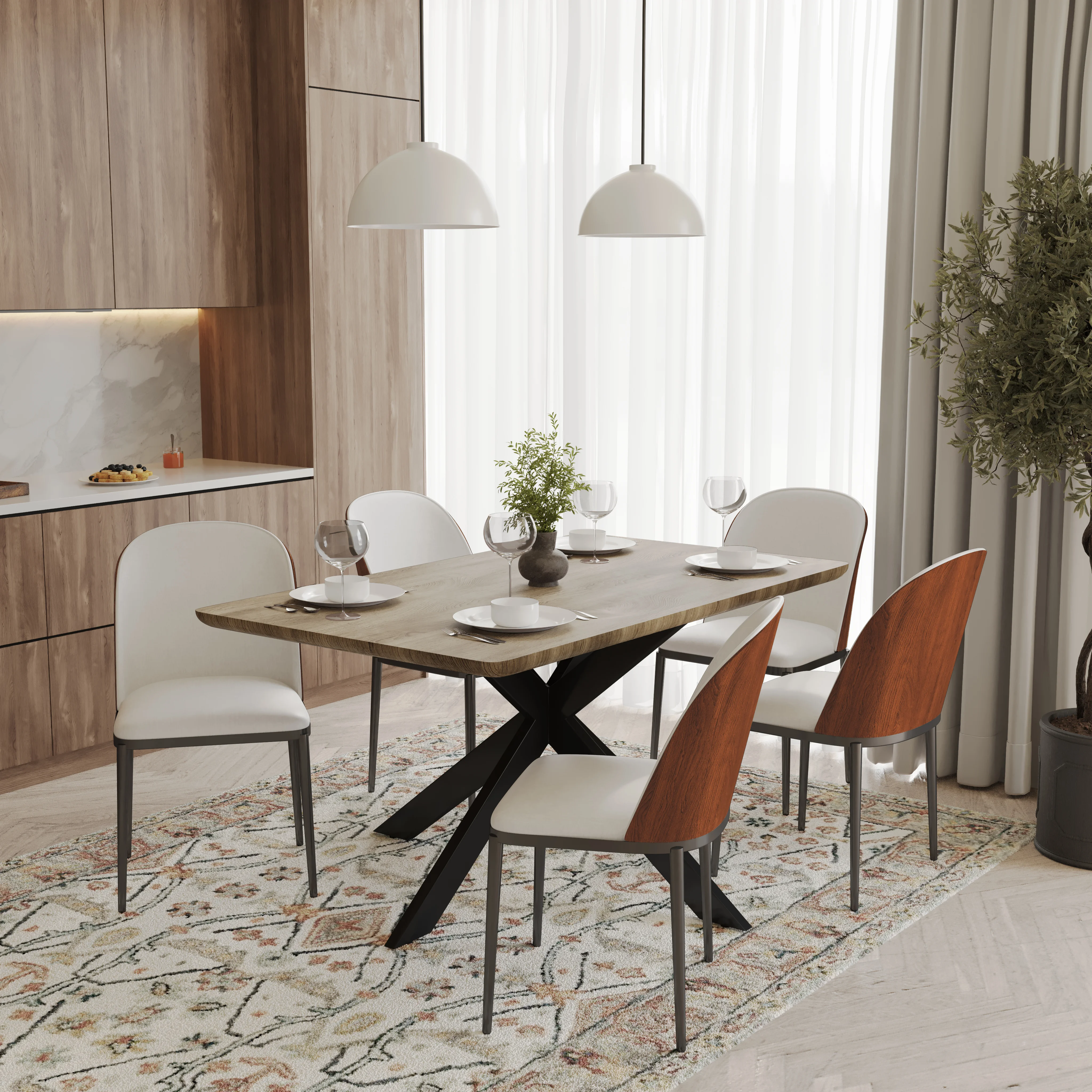 Ravenna 6-Piece Dining Set with 63" Rectangular Dining Table in Natural Wood MDF and 5 Leather Dining Side Chair in Walnut/White