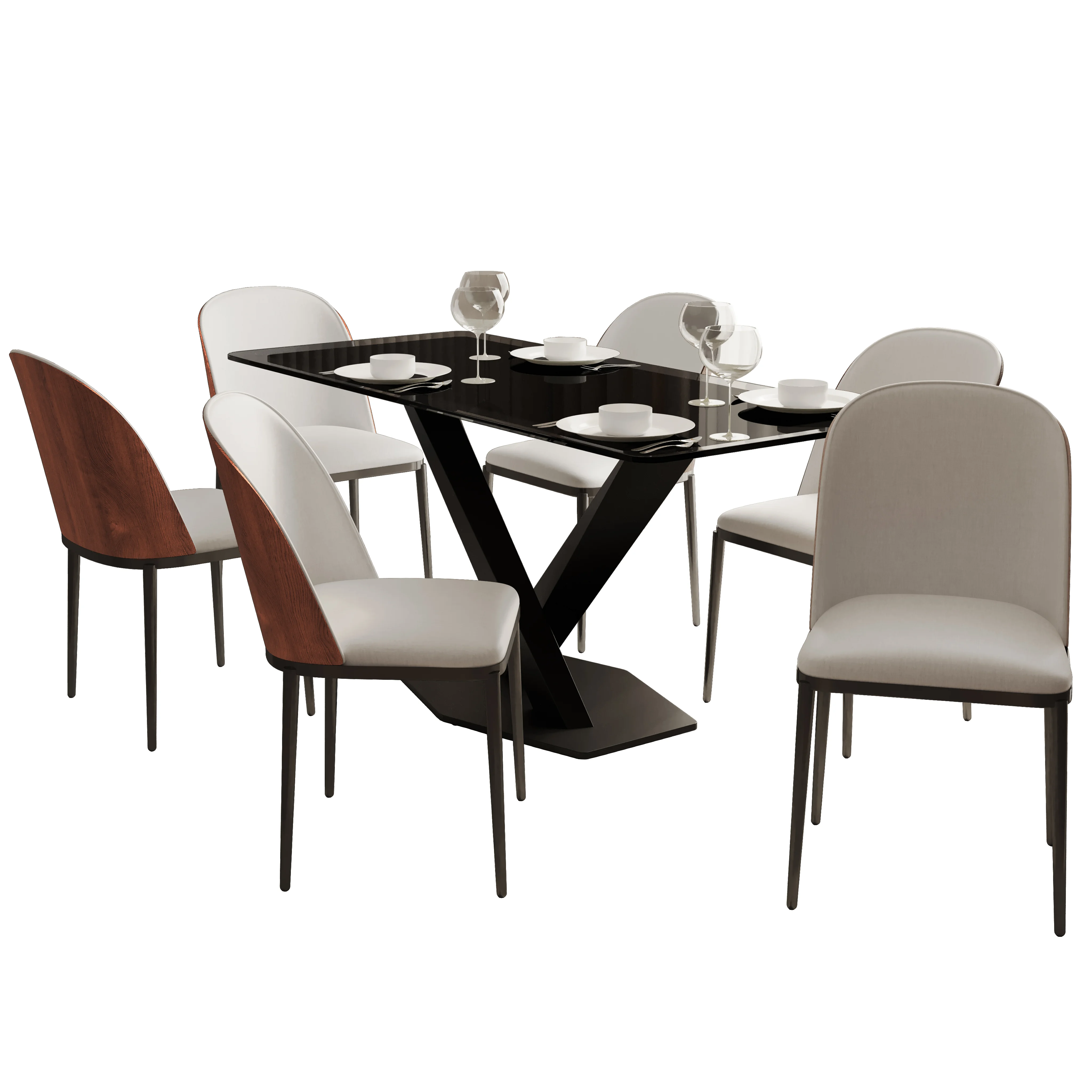 Voren 7-Piece Dining Set with 55" Rectangular Dining Table in Black Glass Top and 6 Leather Dining Side Chair in Walnut/White