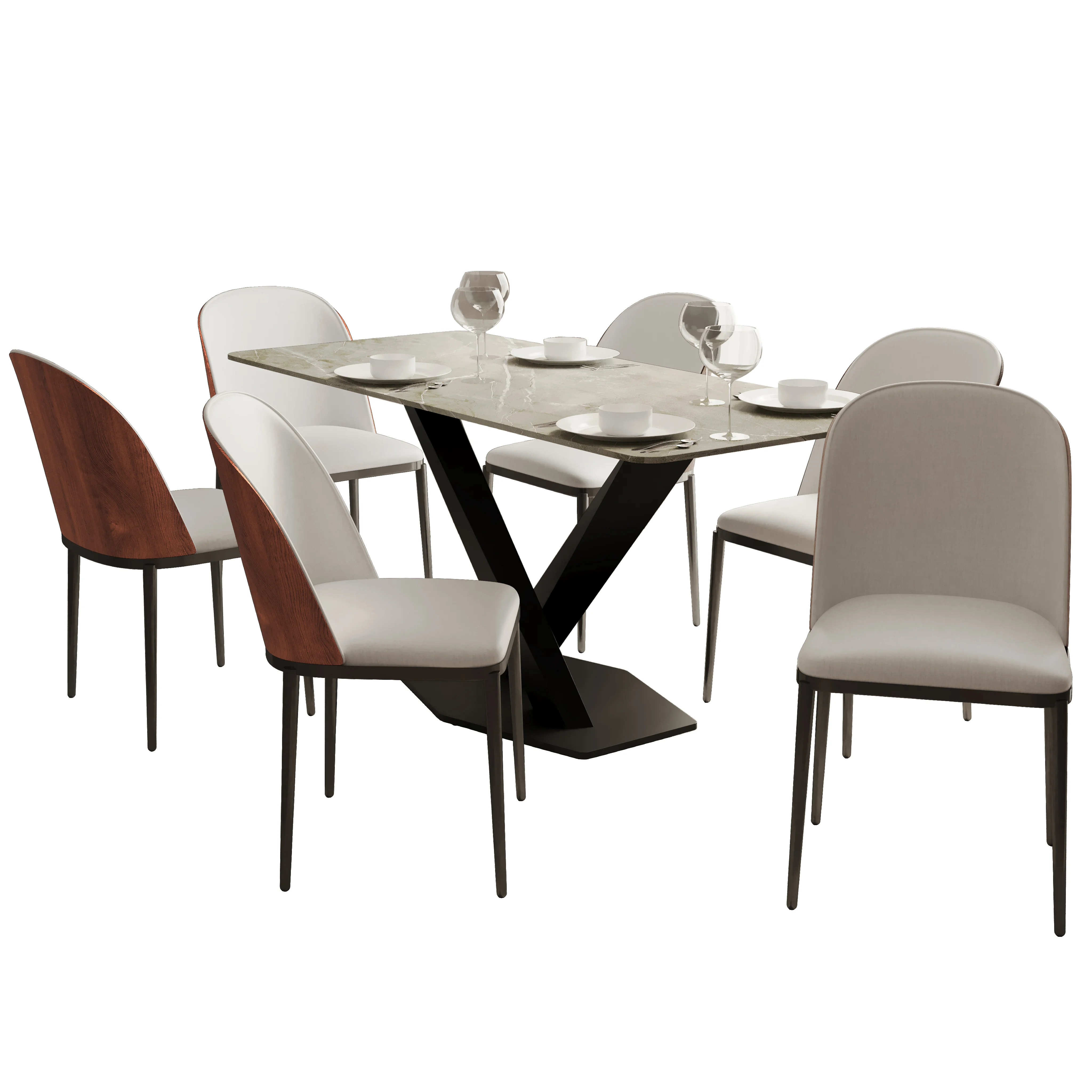 Voren 7-Piece Dining Set with 55" Rectangular Dining Table in Deep Grey Sintered Stone Top and 6 Leather Dining Side Chair in Walnut/White