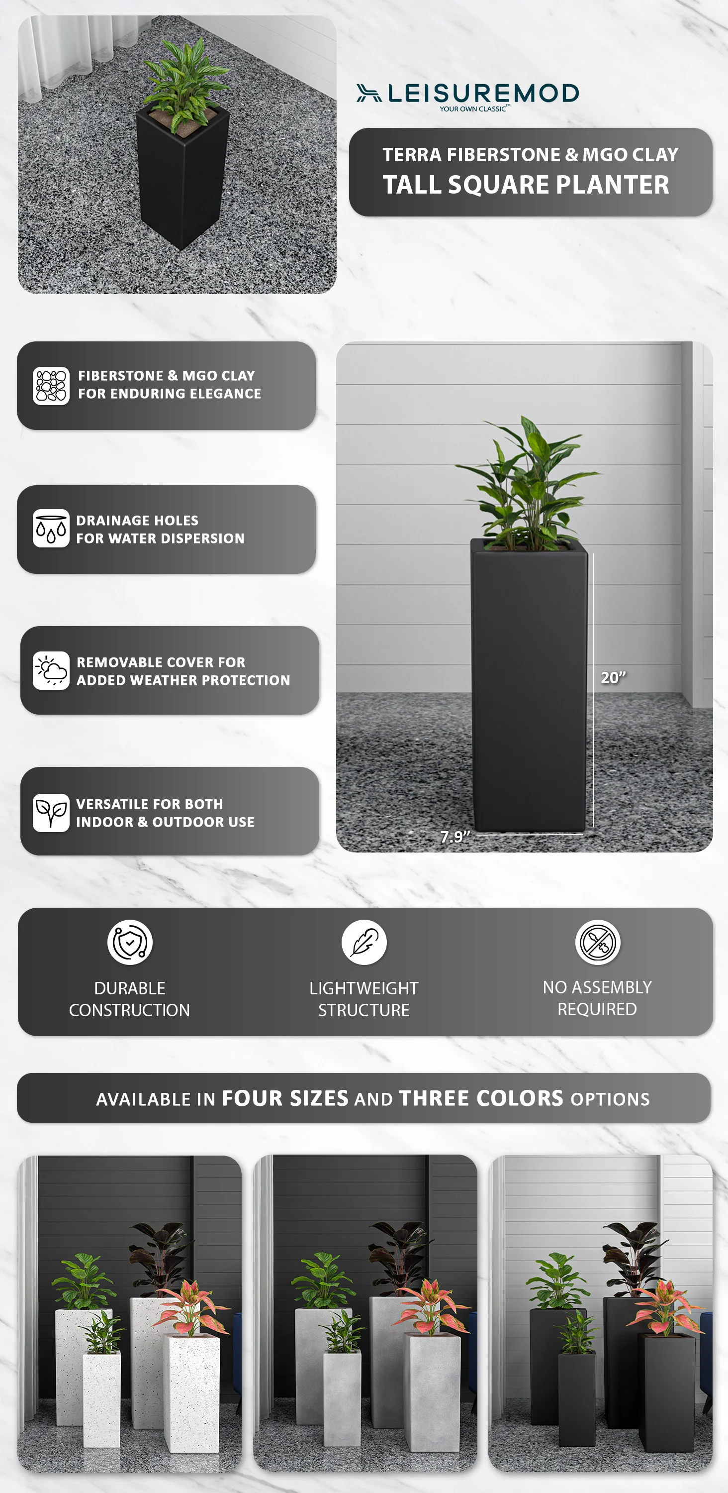 Terra Series Poly Stone Planter in Black 7.9" x 7.9" 19.7" High