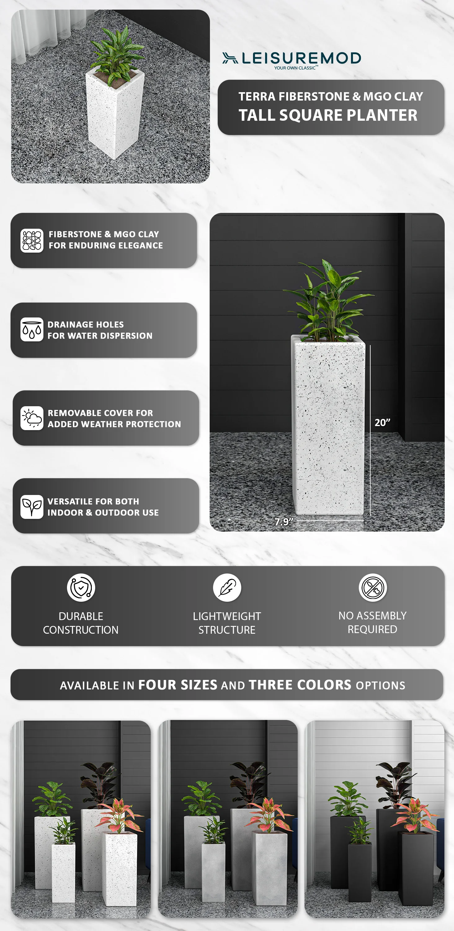 Terra Series Poly Stone Planter in Dotted White 7.9" x 7.9" 19.7" High
